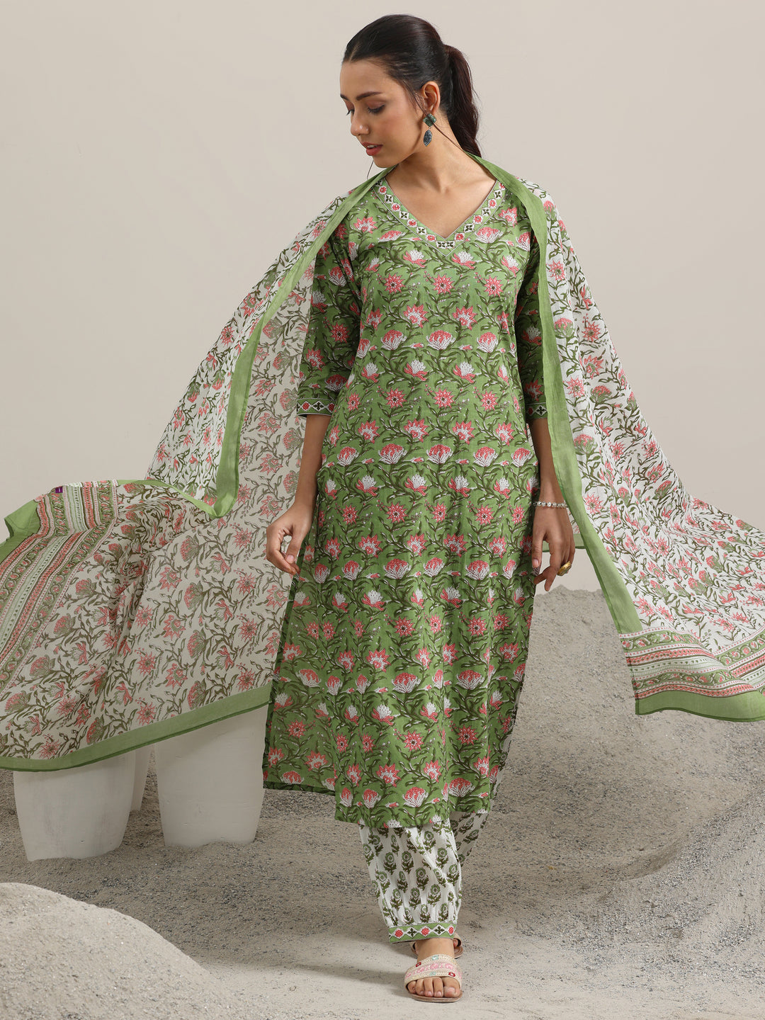  Green Printed Cotton Straight Suit Set With Dupatta 