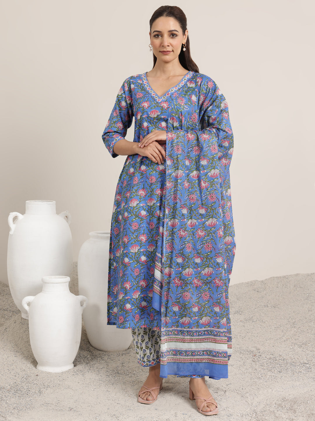  Blue Printed Cotton Straight Suit Set With Dupatta 