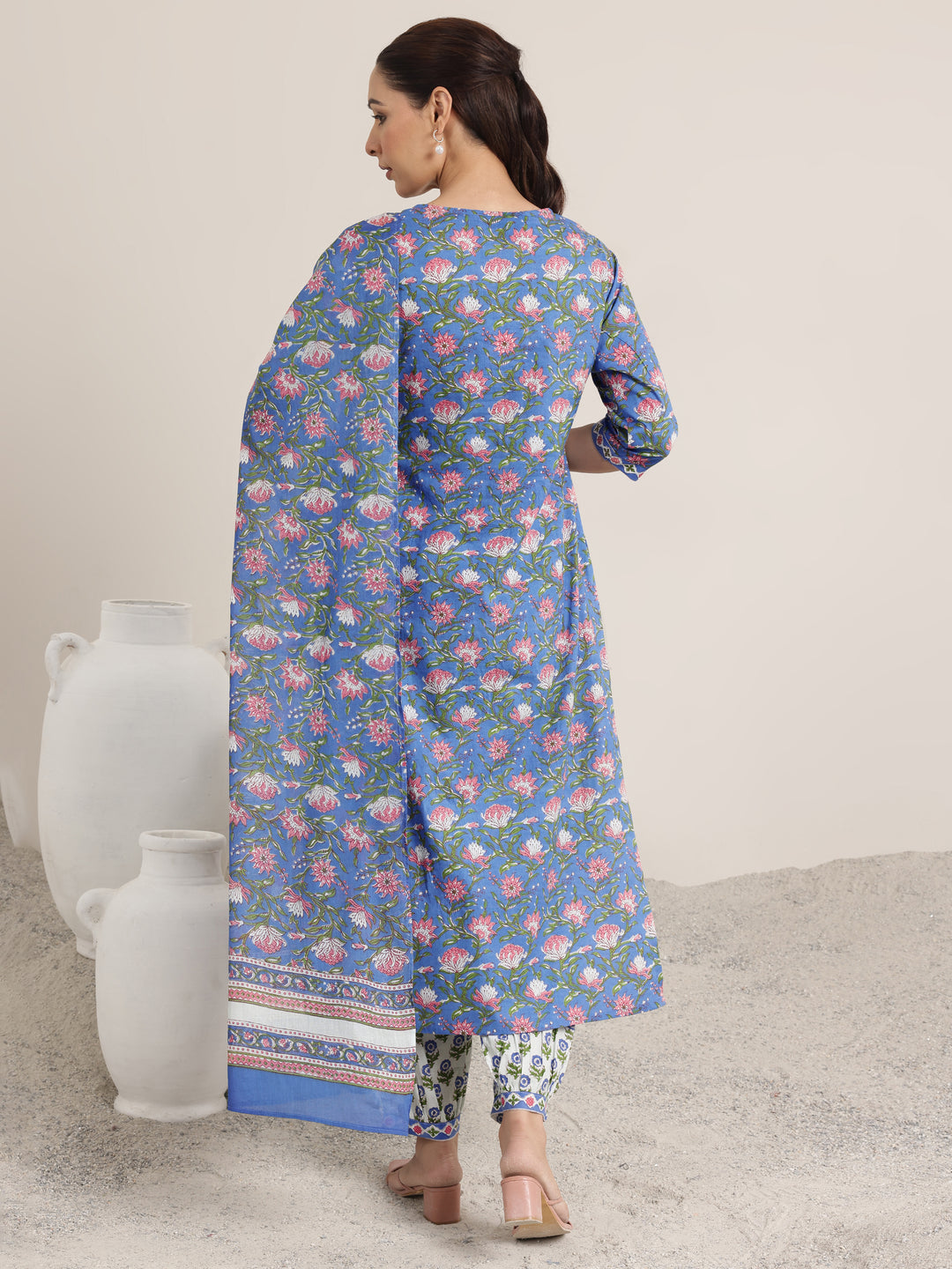  Blue Printed Cotton Straight Suit Set With Dupatta 