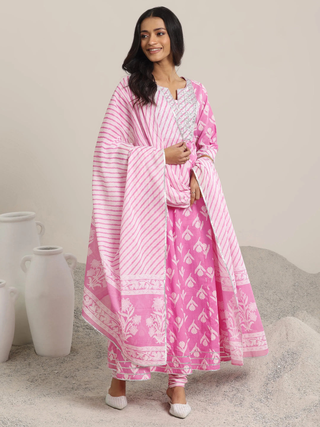  Pink Printed Cotton Anarkali  Suits With Dupatta 