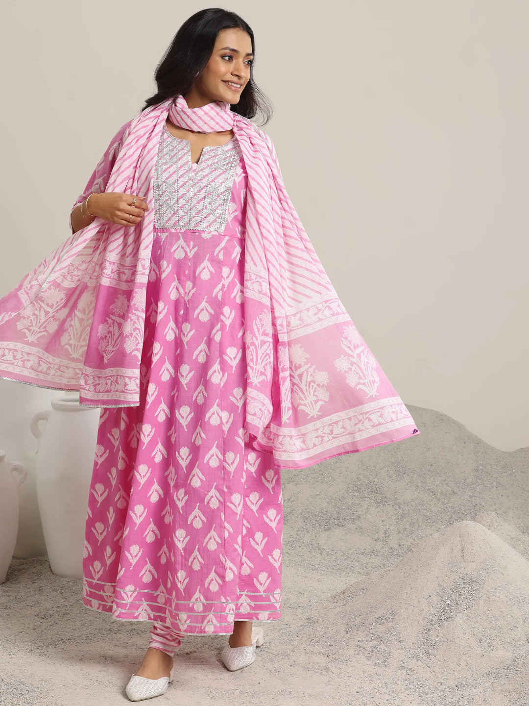 Pink Printed Cotton Anarkali  Suits With Dupatta