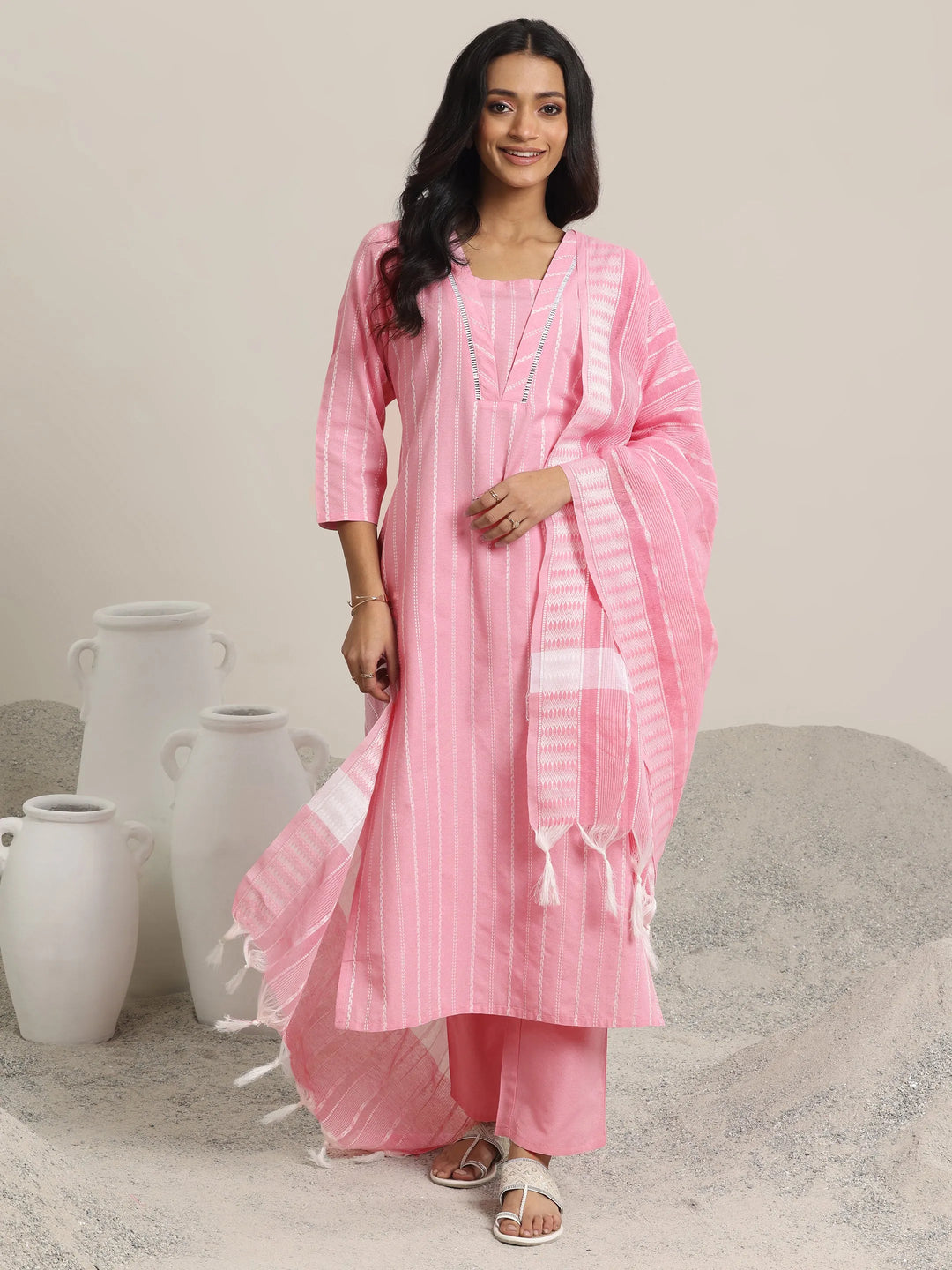  Pink Woven Design Cotton Blend Straight  Suits With Dupatta 