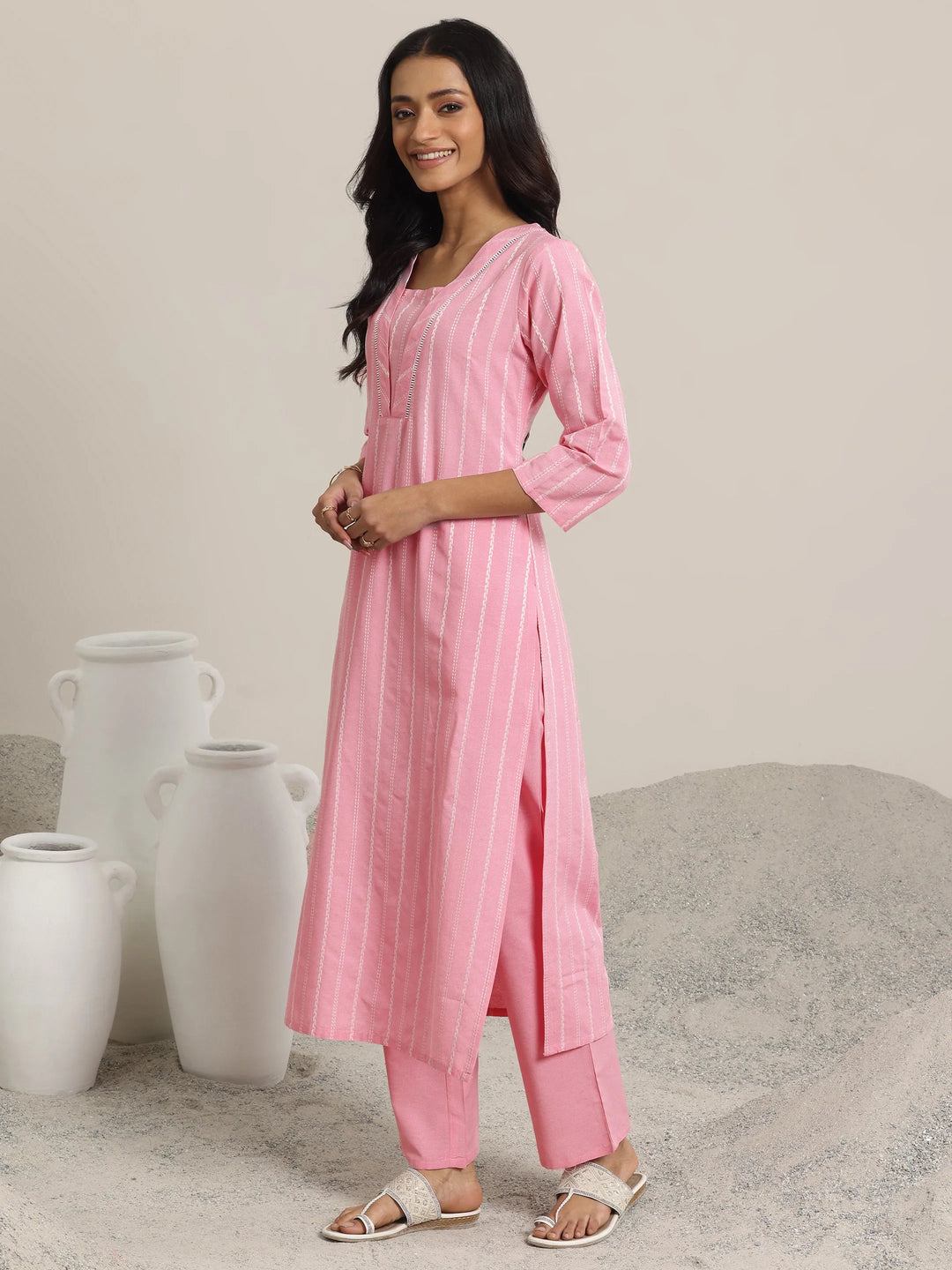  Pink Woven Design Cotton Blend Straight  Suits With Dupatta 