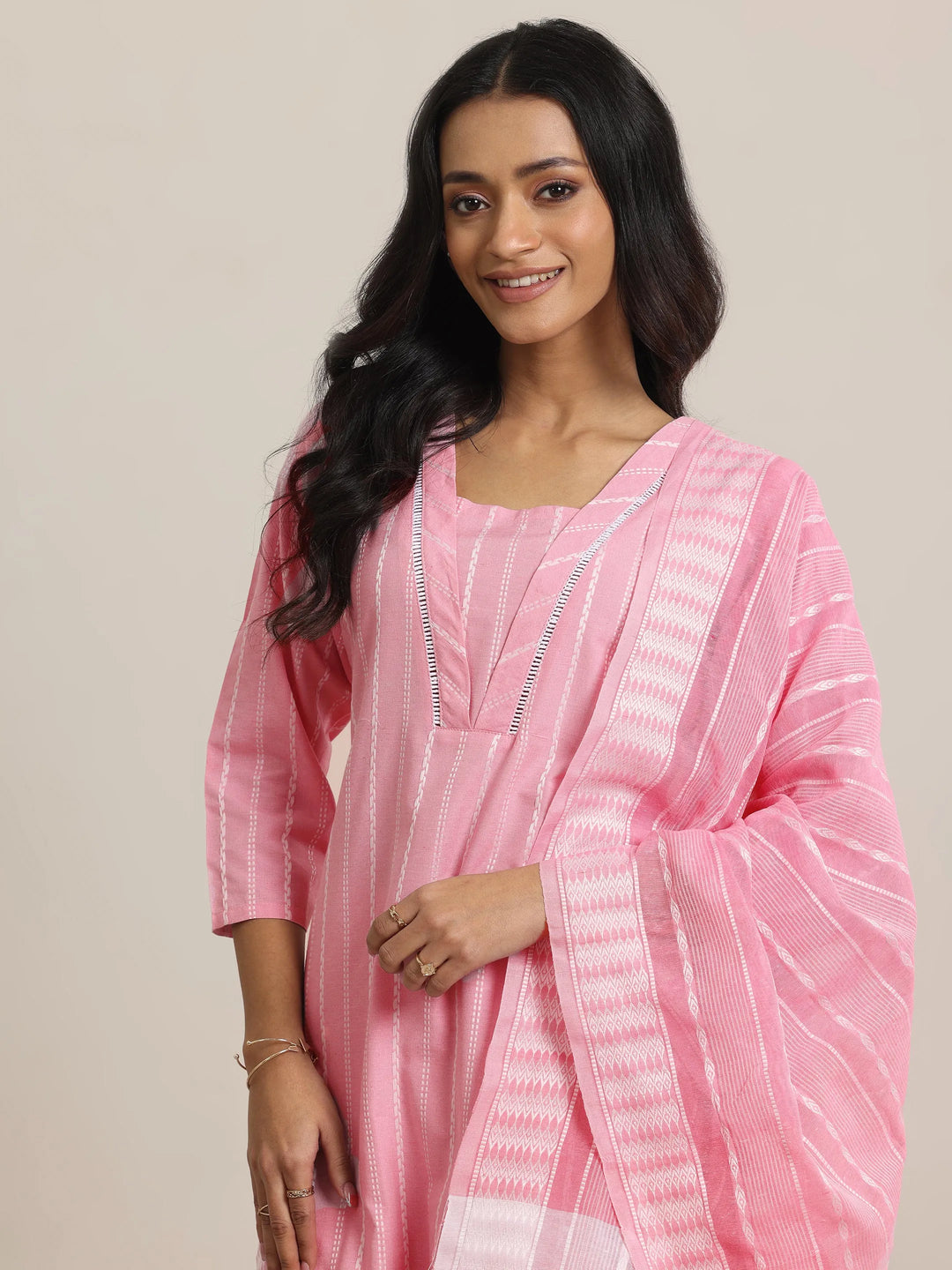  Pink Woven Design Cotton Blend Straight  Suits With Dupatta 