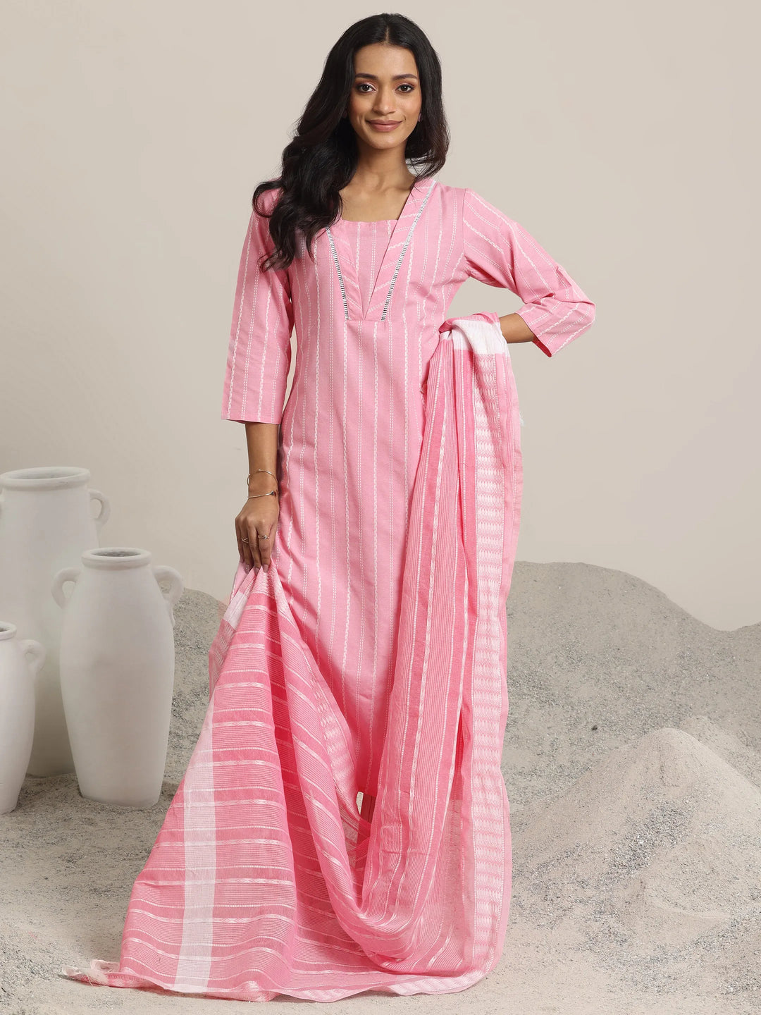  Pink Woven Design Cotton Blend Straight  Suits With Dupatta 