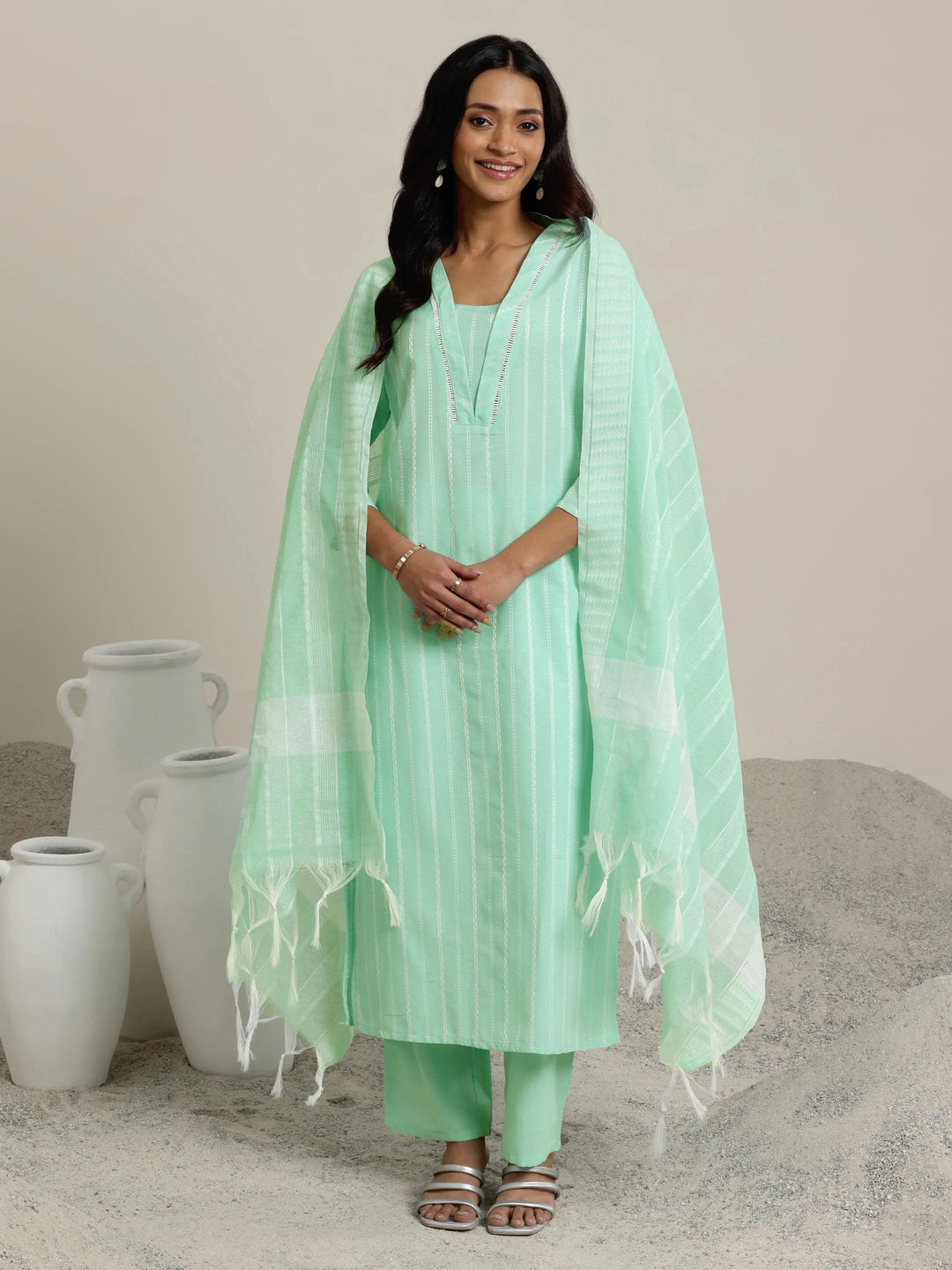 Green Woven Design Cotton Blend Straight  Suits With Dupatta