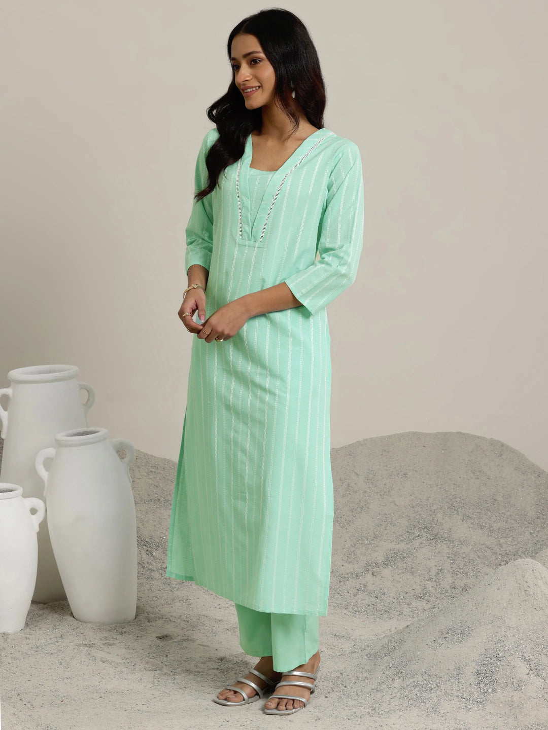  Green Woven Design Cotton Blend Straight  Suits With Dupatta 