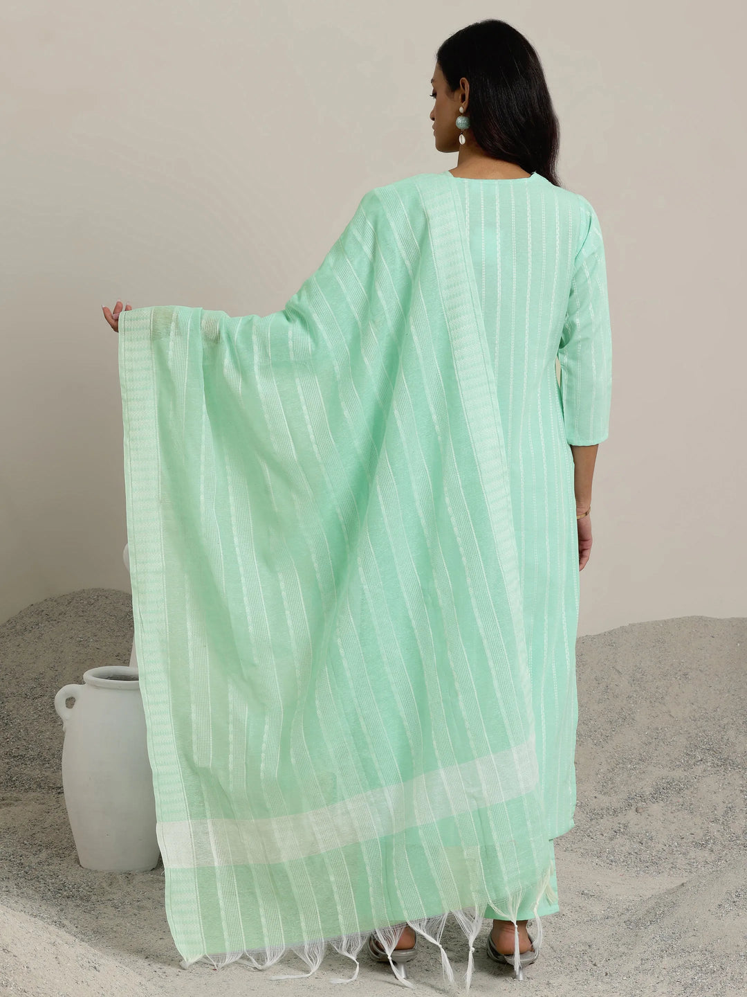  Green Woven Design Cotton Blend Straight  Suits With Dupatta 