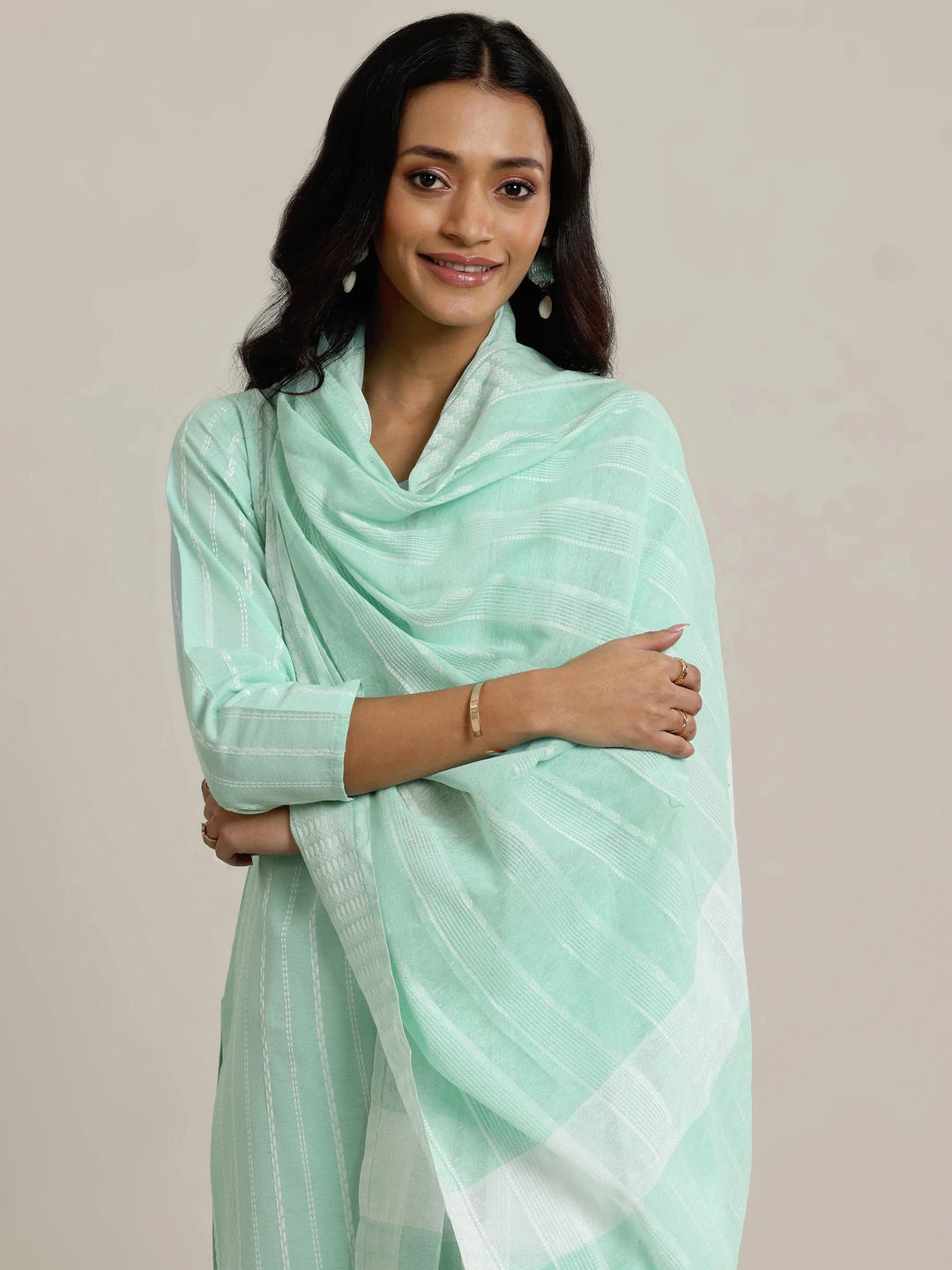  Green Woven Design Cotton Blend Straight  Suits With Dupatta 