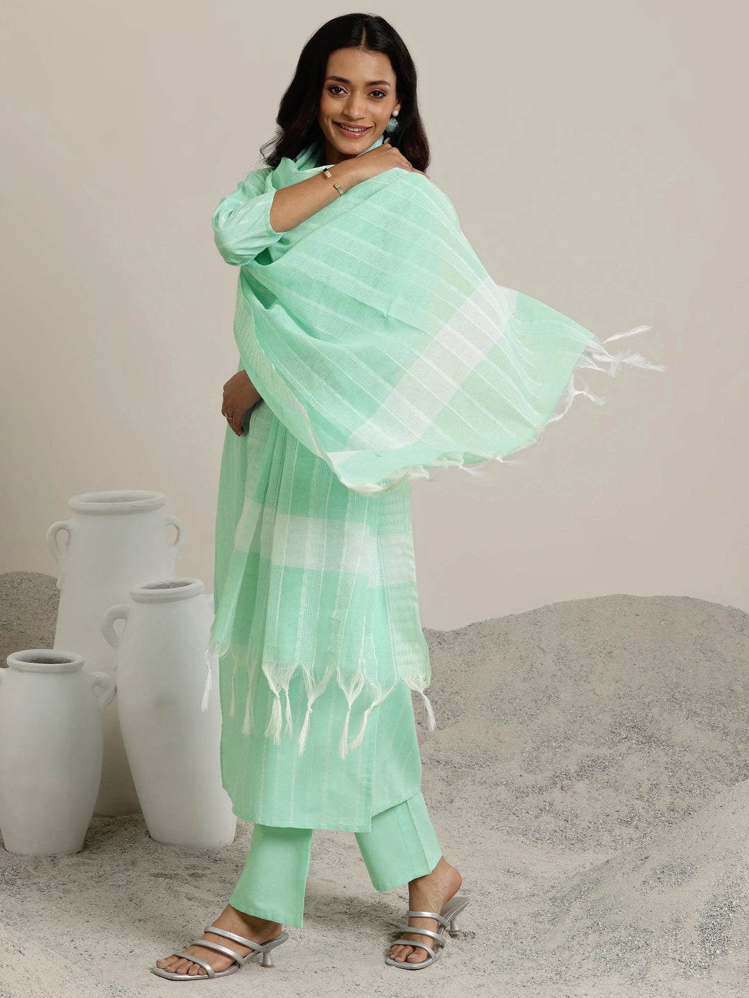  Green Woven Design Cotton Blend Straight  Suits With Dupatta 