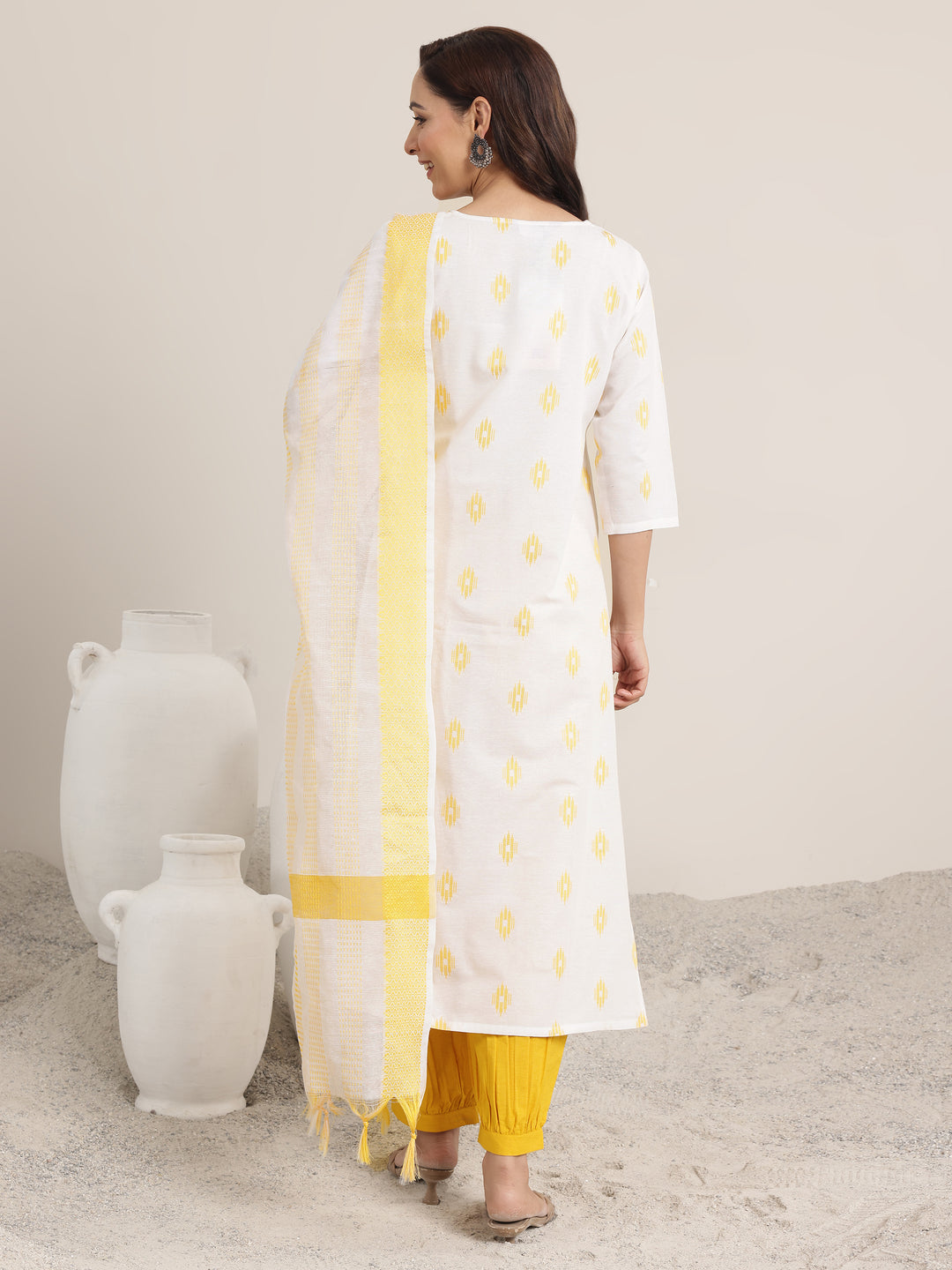  Off white Woven Design Cotton Blend Straight Suit Set With Dupatta 