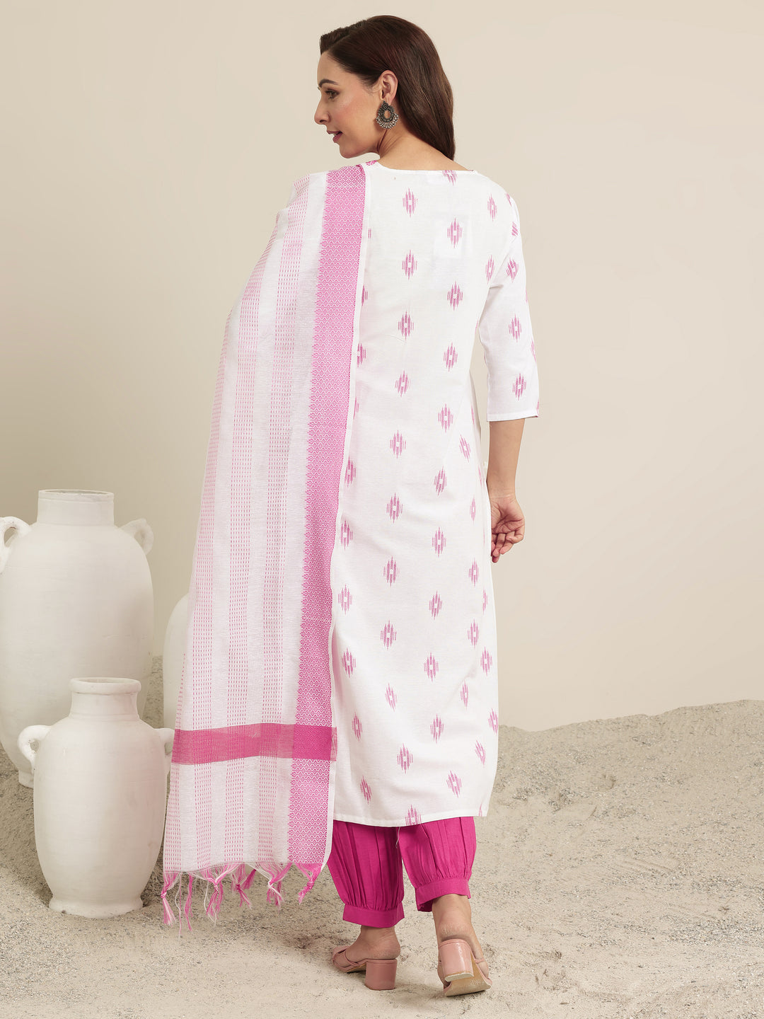  Off white Woven Design Cotton Blend Straight Suit Set With Dupatta 