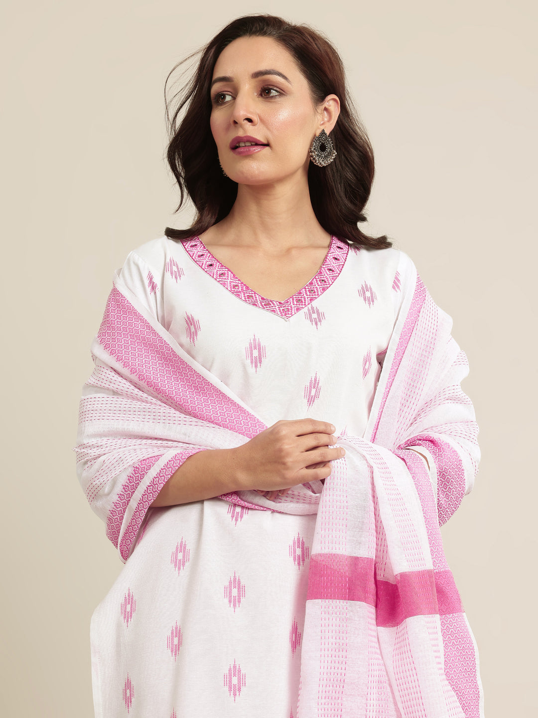 Off white Woven Design Cotton Blend Straight Suit Set With Dupatta