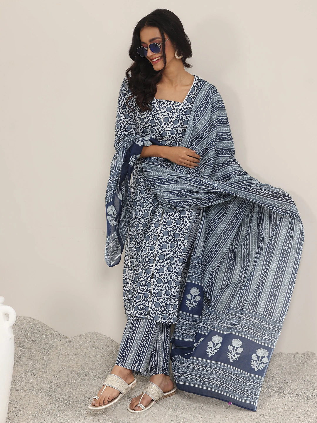 Blue Printed Cotton Straight Suit Set With Dupatta