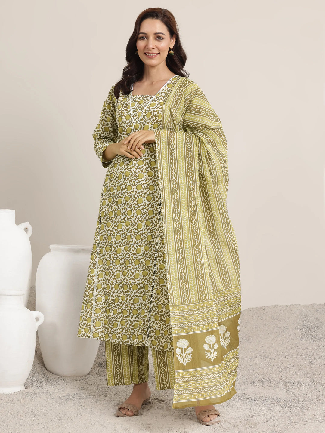  Green Printed Cotton Straight Suits With Dupatta 