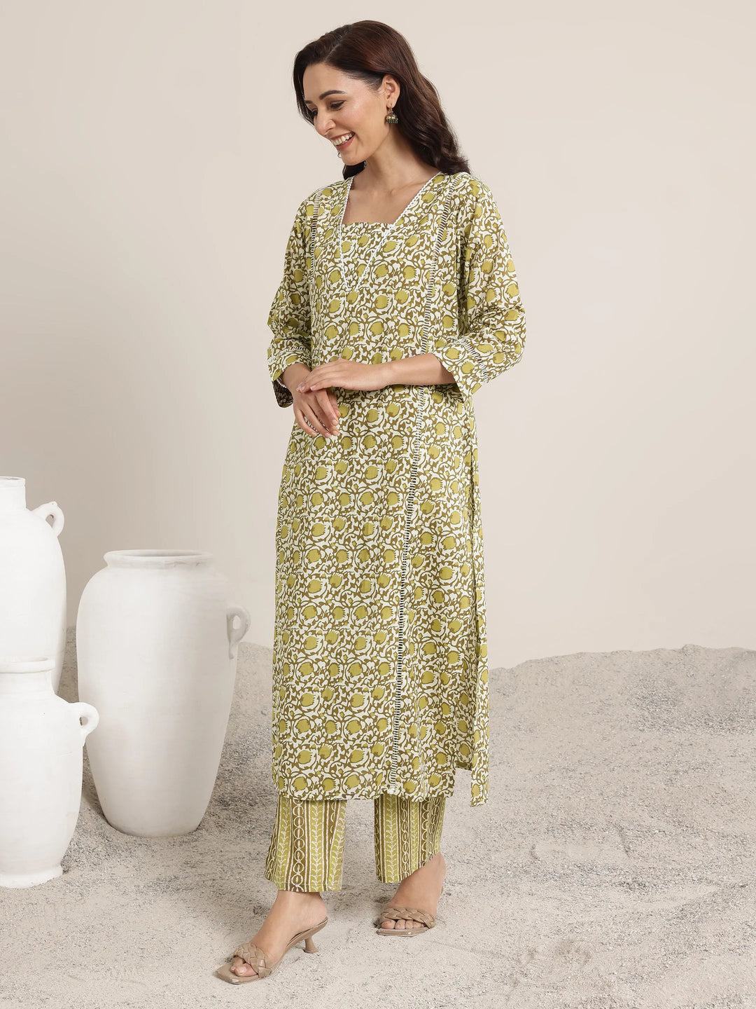  Green Printed Cotton Straight Suits With Dupatta 