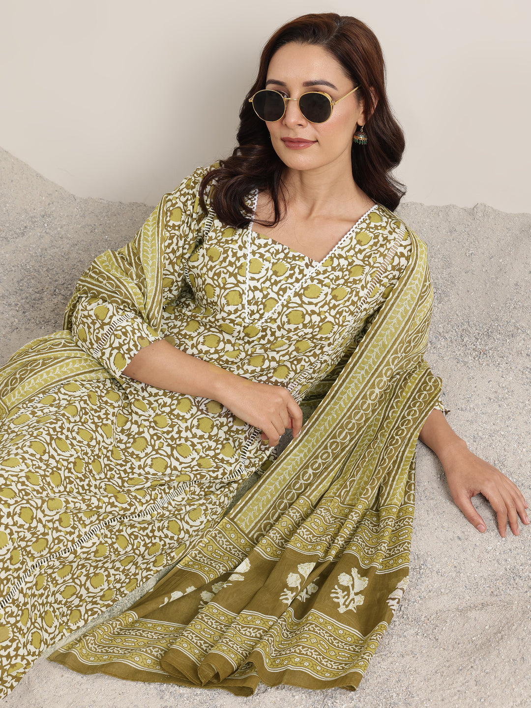  Green Printed Cotton Straight Suits With Dupatta 