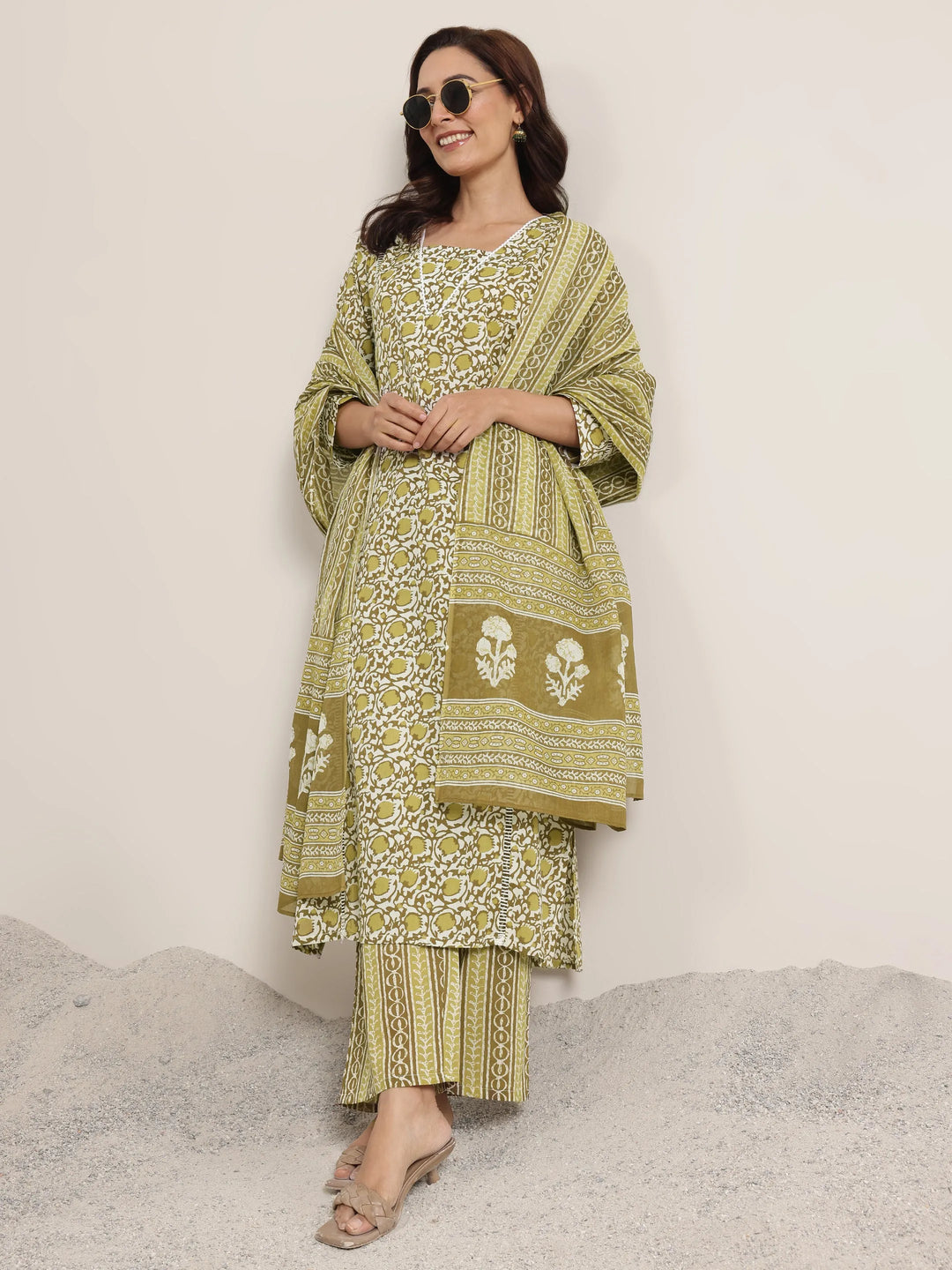  Green Printed Cotton Straight Suits With Dupatta 