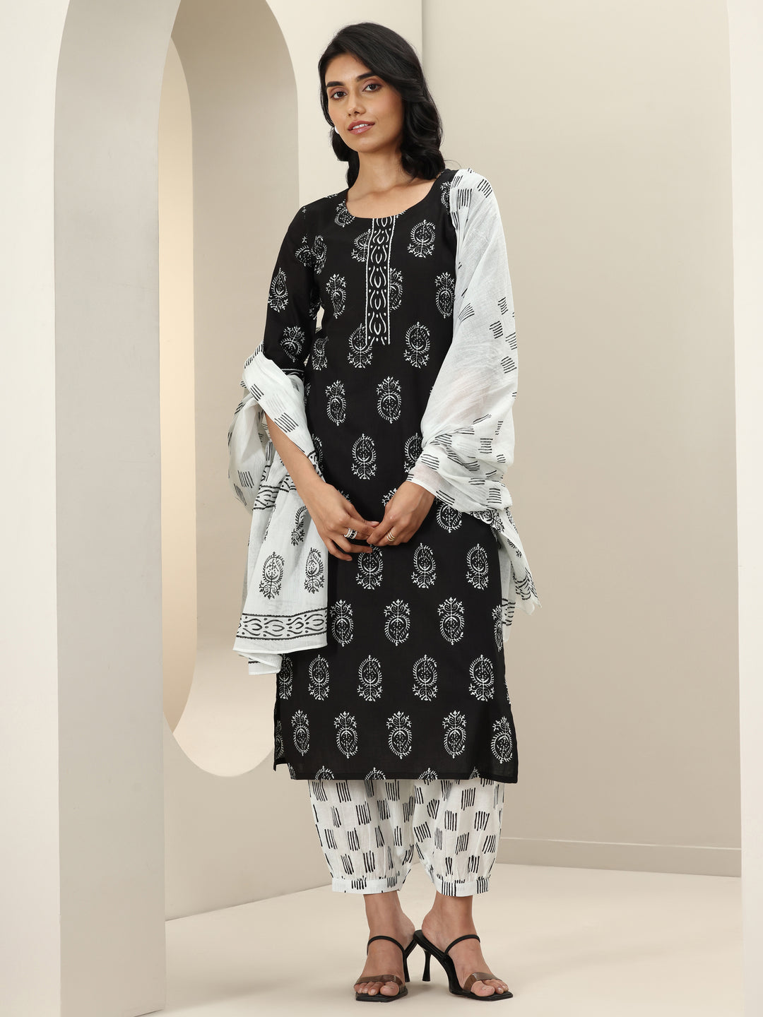  Black Printed Cotton Straight Suit Sets With Dupatta 