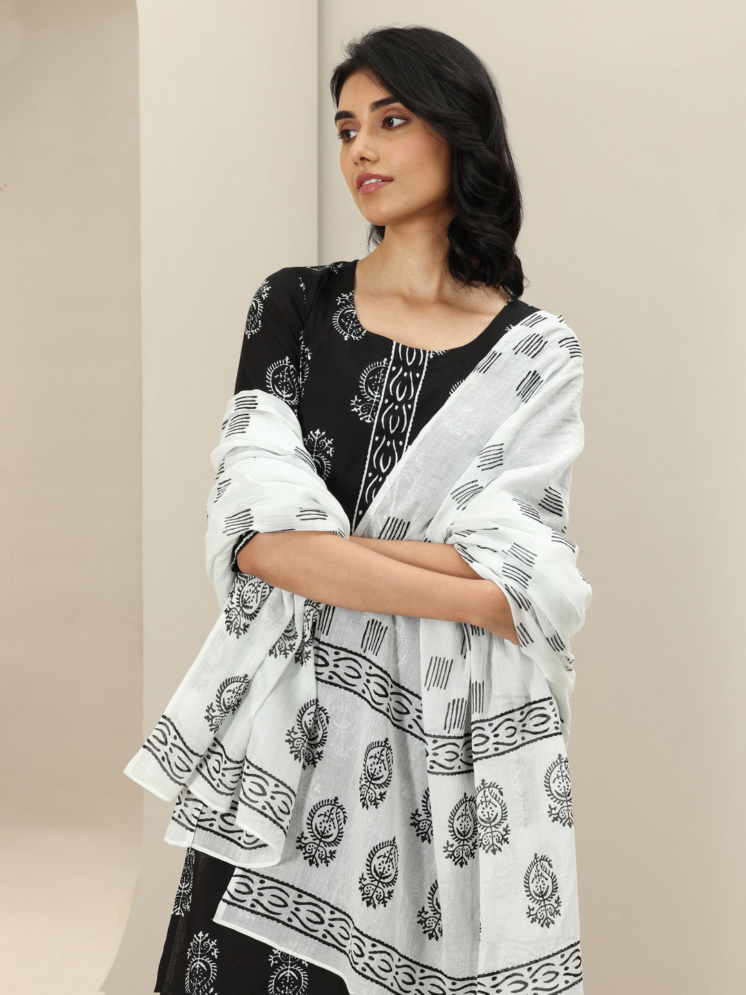 Black Printed Cotton Straight Suit Sets With Dupatta