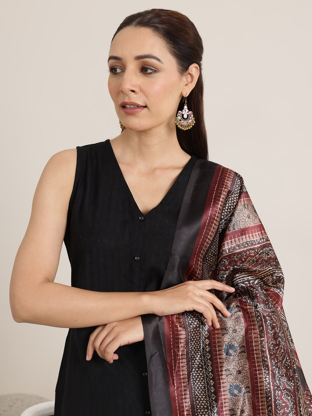  Black Woven Design Silk Blend Straight Suit Set With Dupatta 