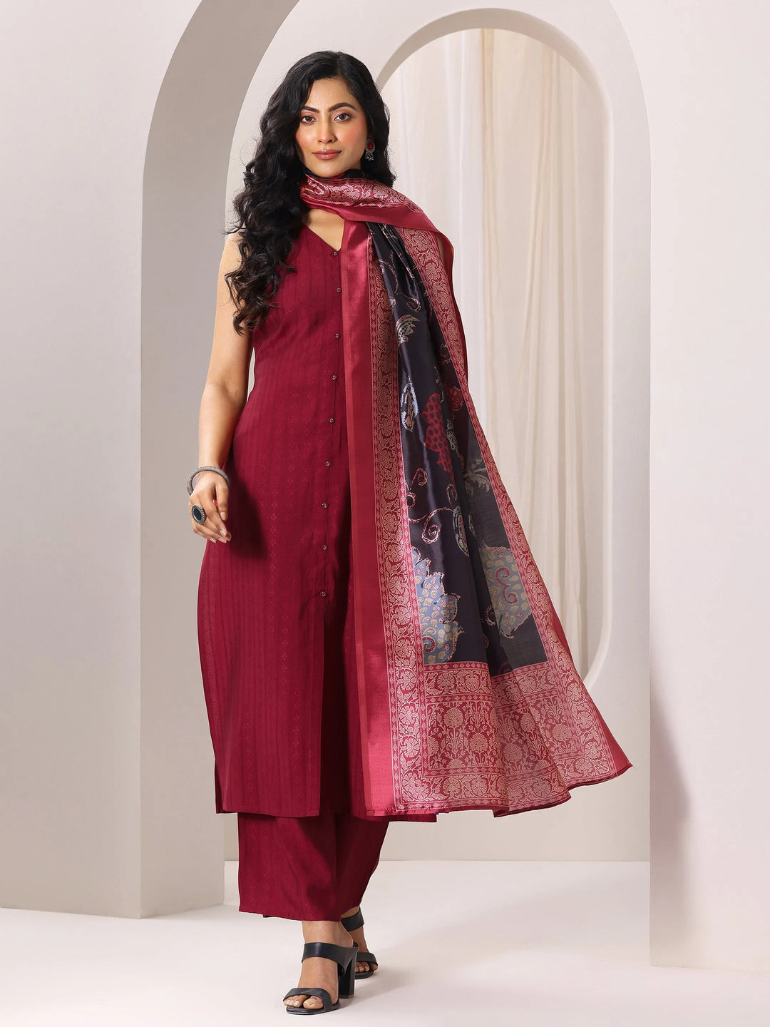  Maroon Woven Design Silk Blend Straight Suit Set With Dupatta 