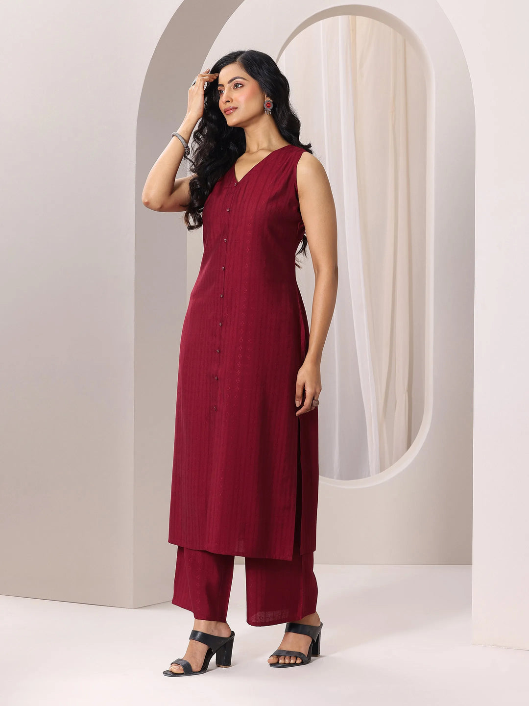  Maroon Woven Design Silk Blend Straight Suit Set With Dupatta 