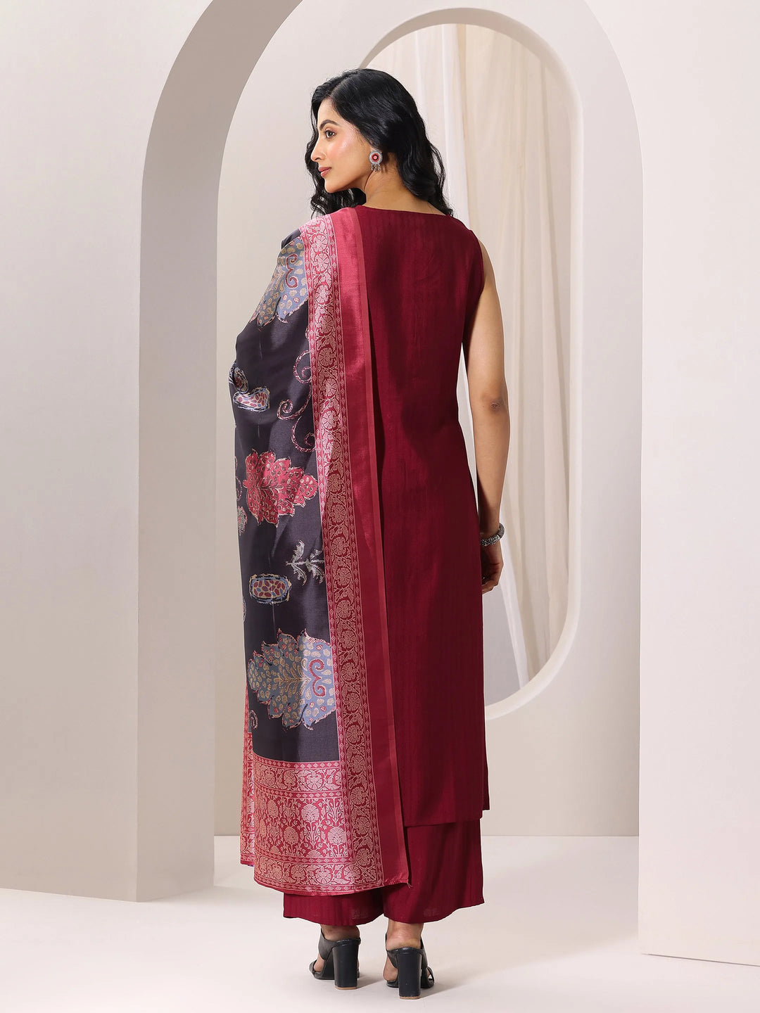  Maroon Woven Design Silk Blend Straight Suit Set With Dupatta 