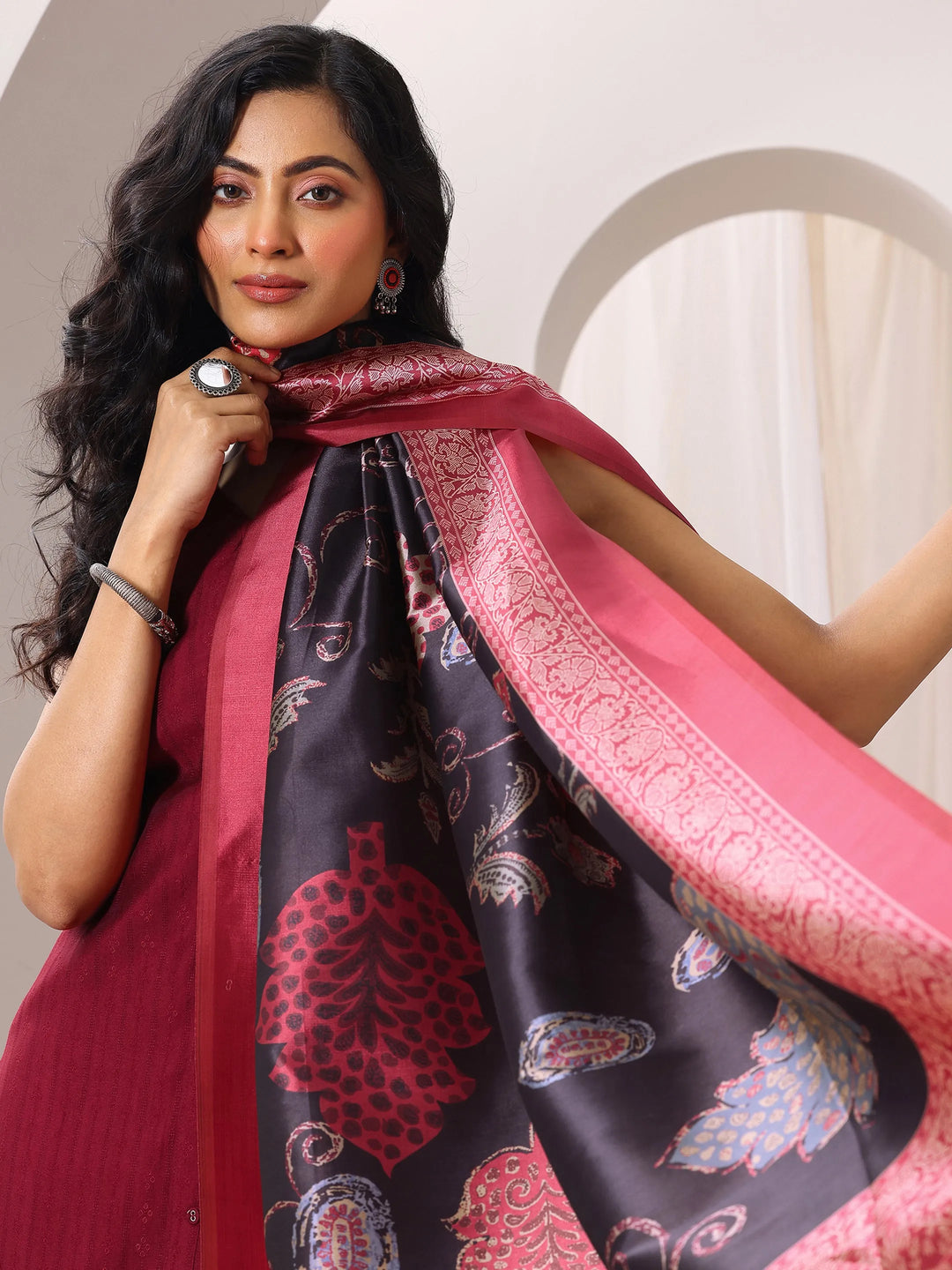  Maroon Woven Design Silk Blend Straight Suit Set With Dupatta 