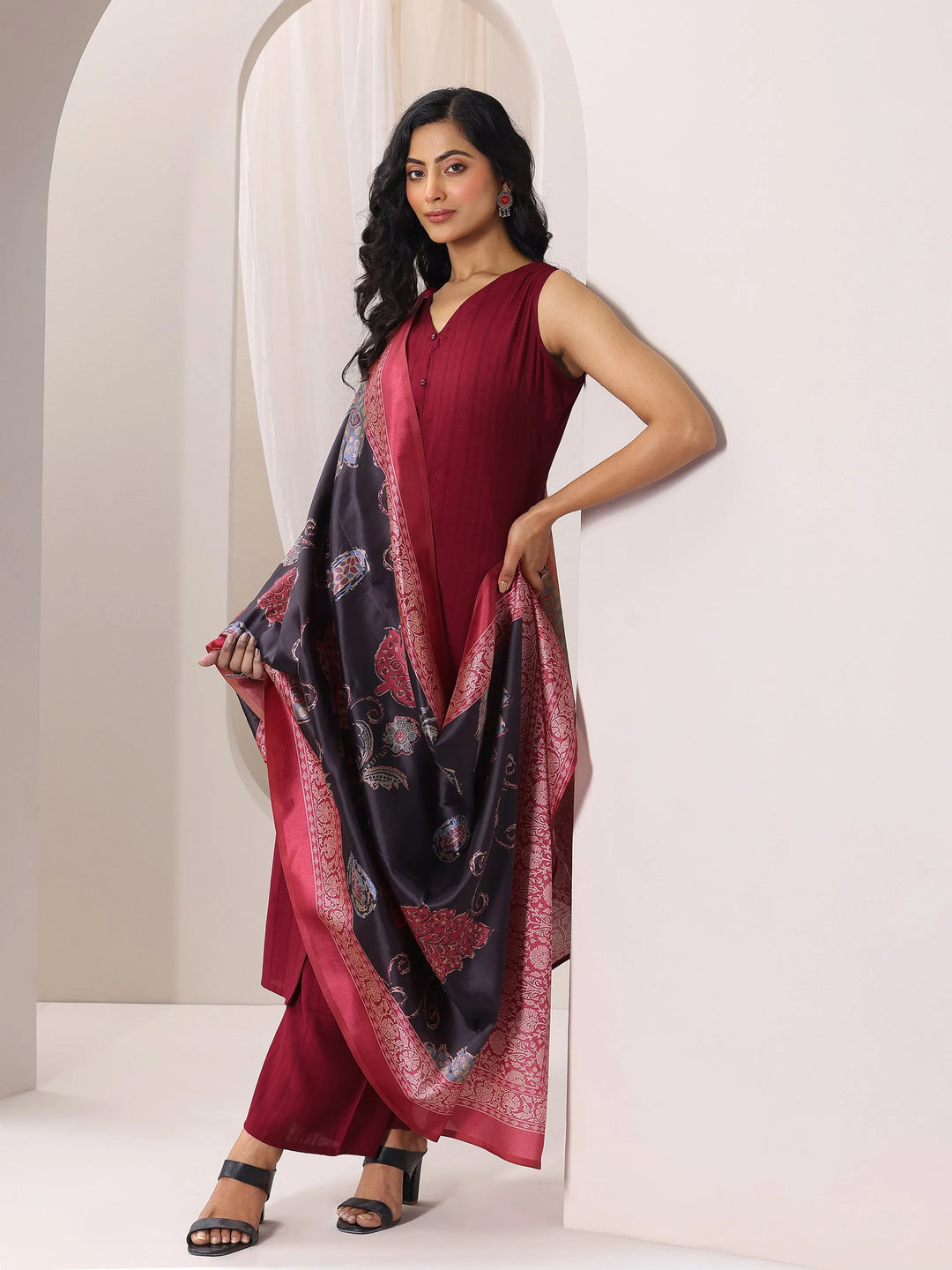  Maroon Woven Design Silk Blend Straight Suit Set With Dupatta 