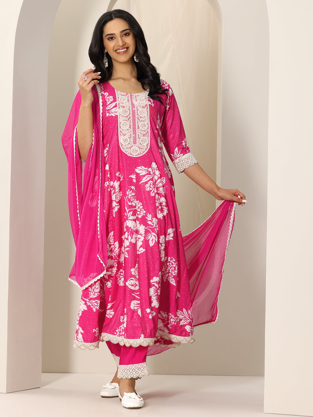  Pink Printed Silk Blend Anarkali Suit Set With Dupatta 