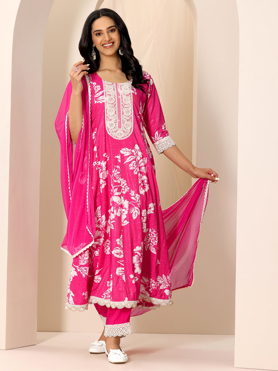  Pink Printed Silk Blend Anarkali Suit Set With Dupatta 