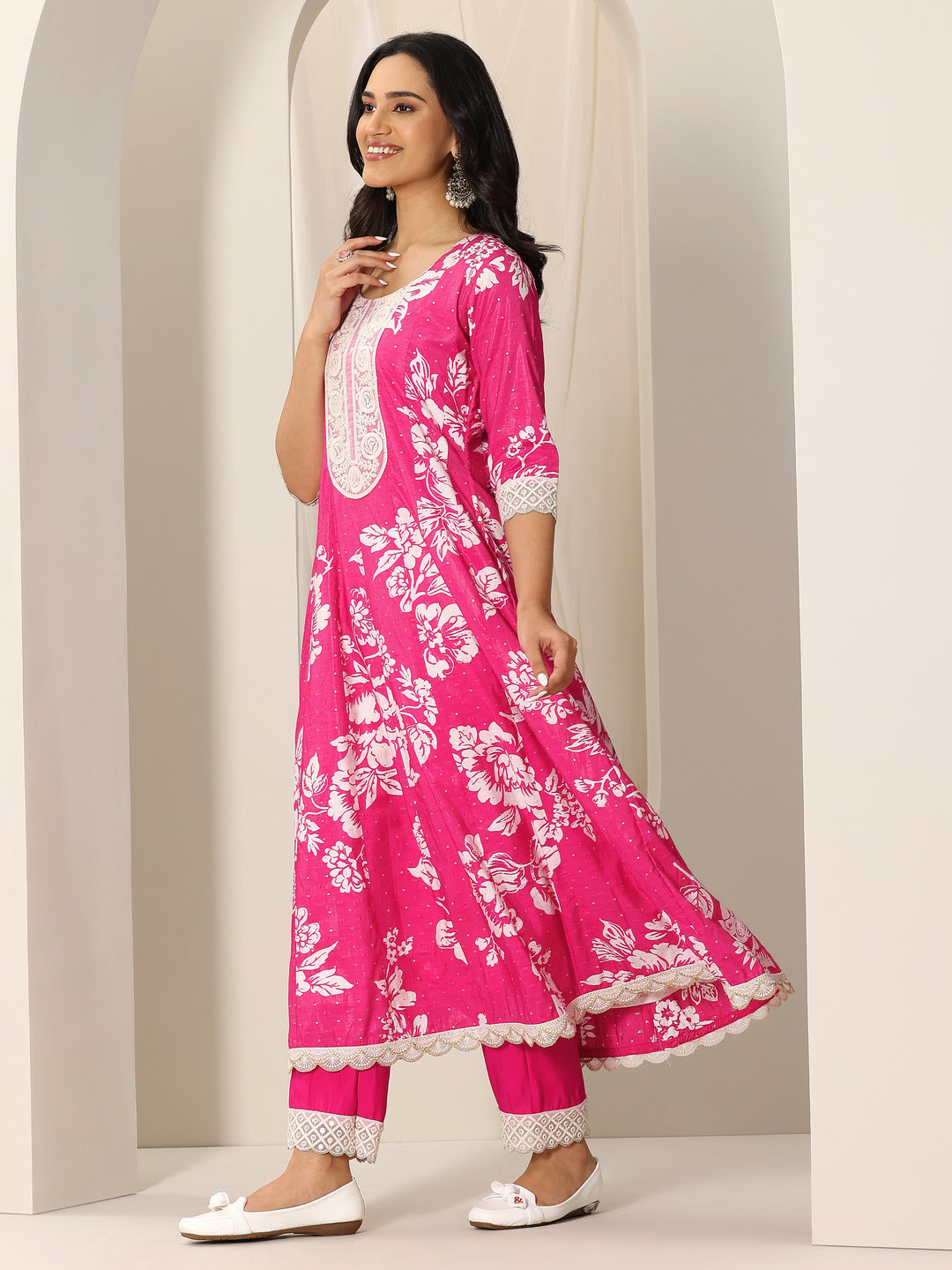  Pink Printed Silk Blend Anarkali Suit Set With Dupatta 