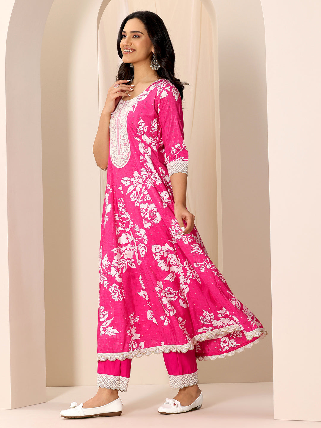  Pink Printed Silk Blend Anarkali Suit Set With Dupatta 