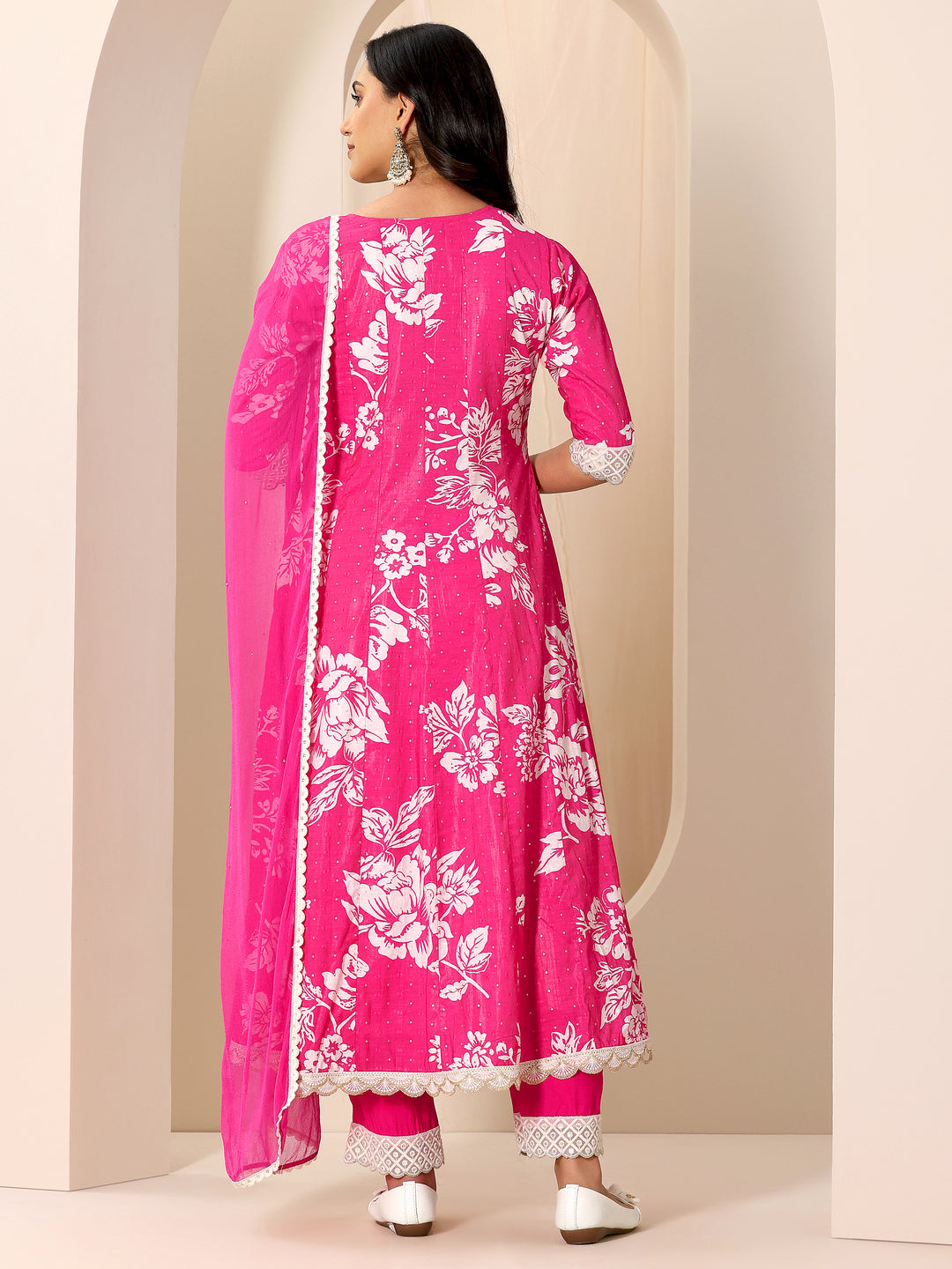  Pink Printed Silk Blend Anarkali Suit Set With Dupatta 