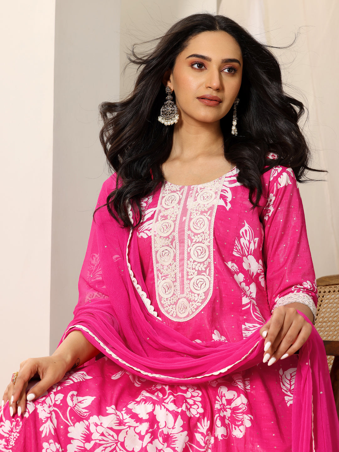  Pink Printed Silk Blend Anarkali Suit Set With Dupatta 