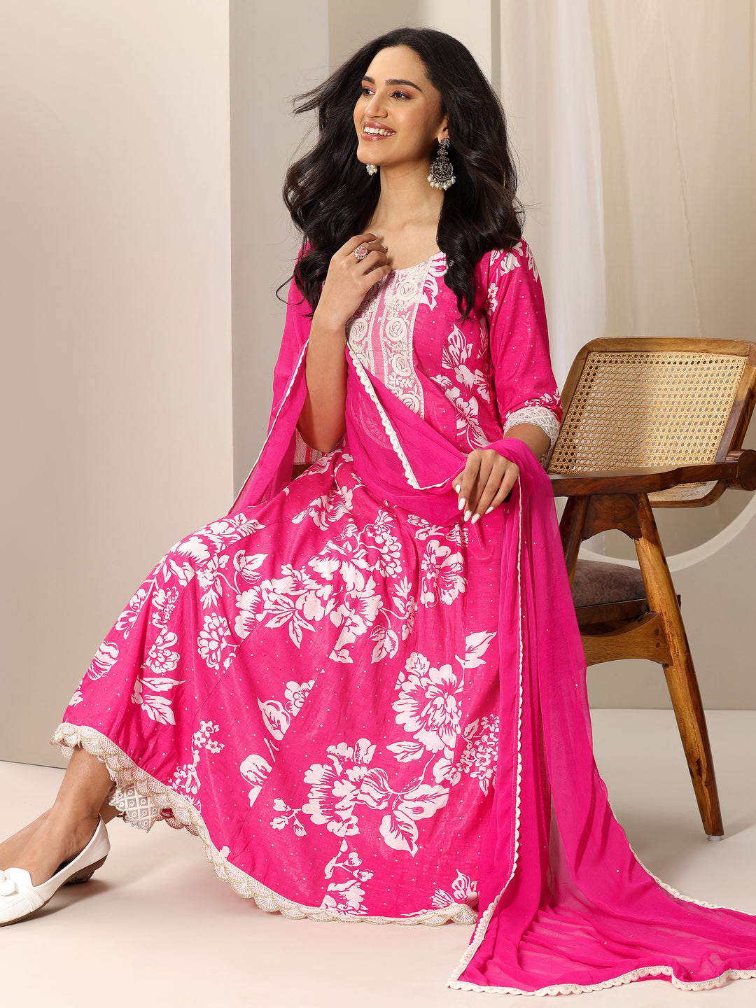  Pink Printed Silk Blend Anarkali Suit Set With Dupatta 