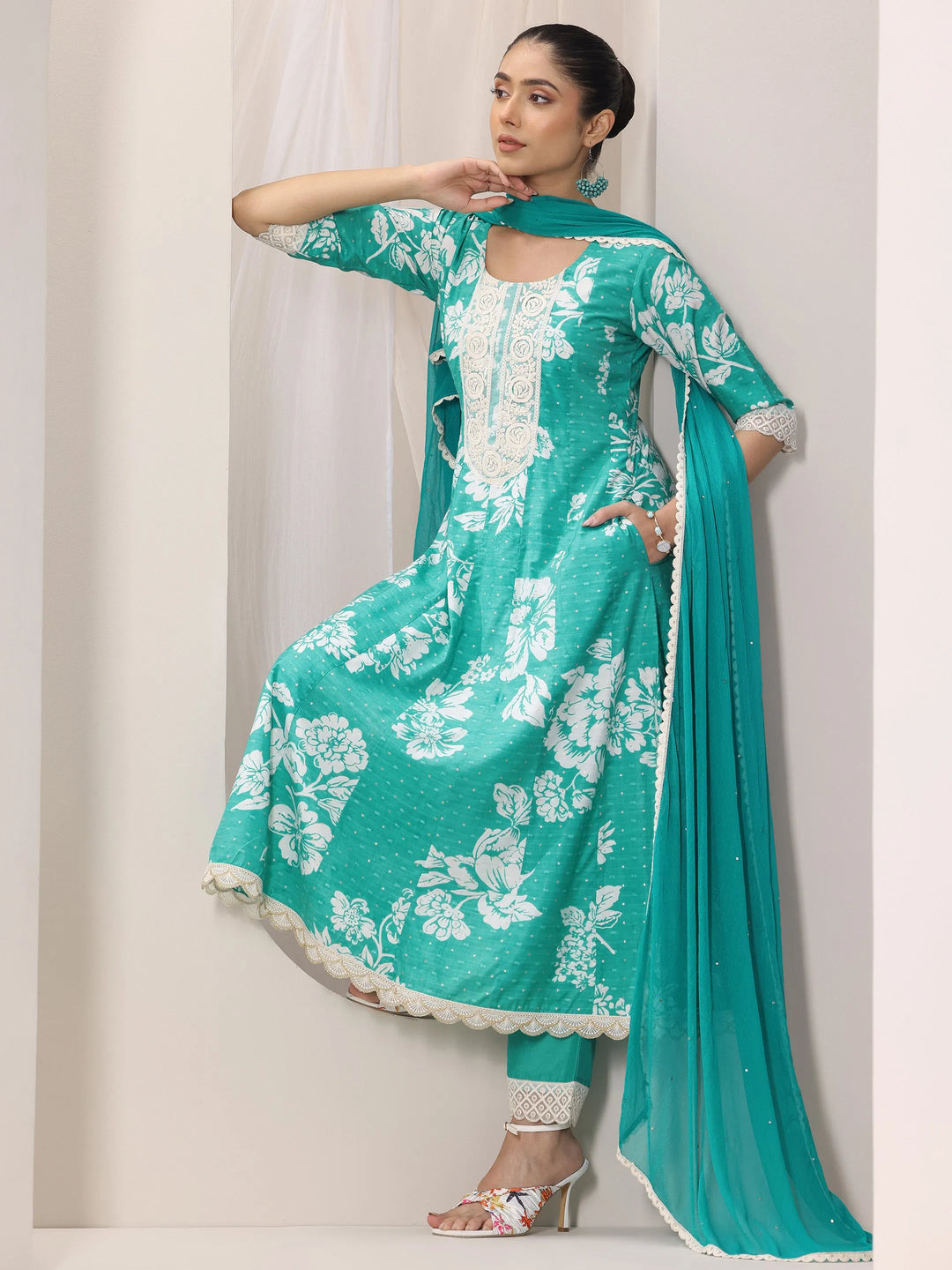  Blue Printed Silk Blend Anarkali Suit Set With Dupatta 