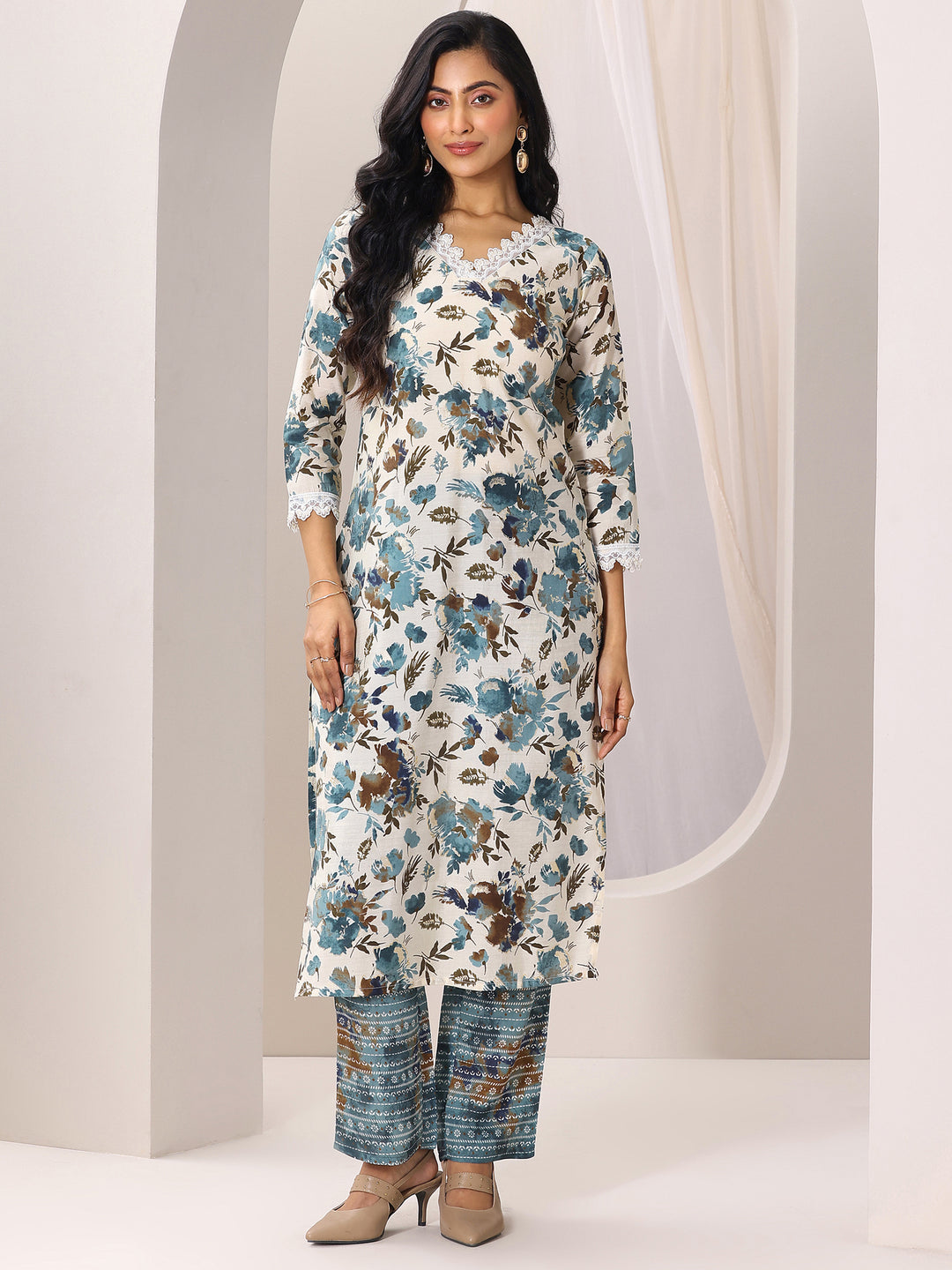 Off White Printed Silk Blend Straight Kurta Set