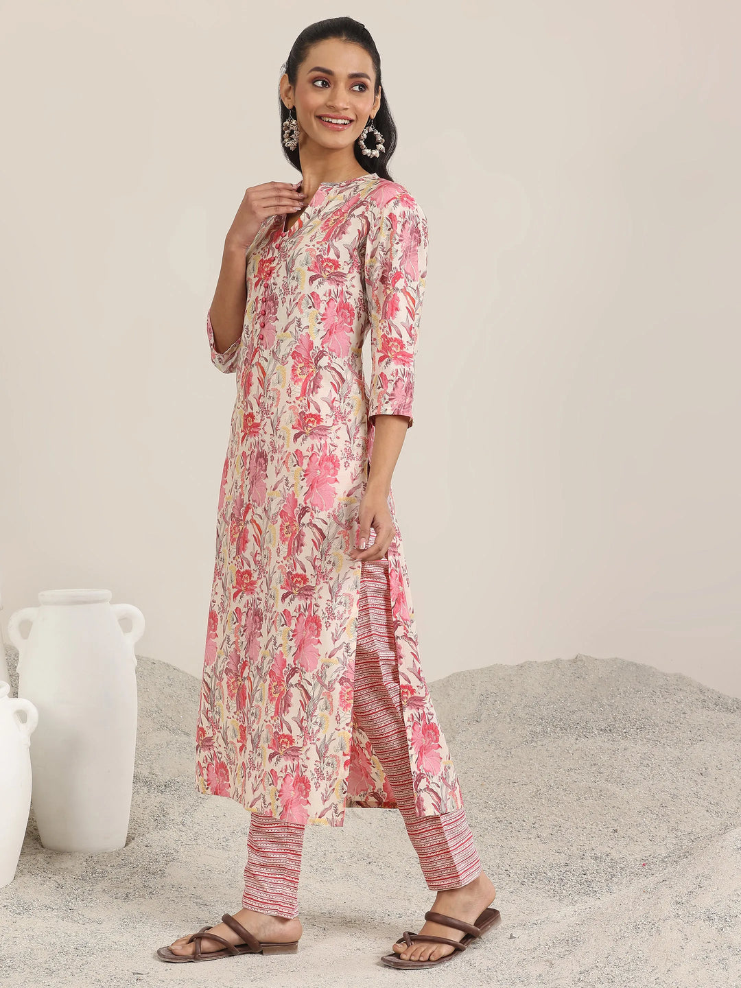  Pink Printed Silk Blend Straight Kurta Set 