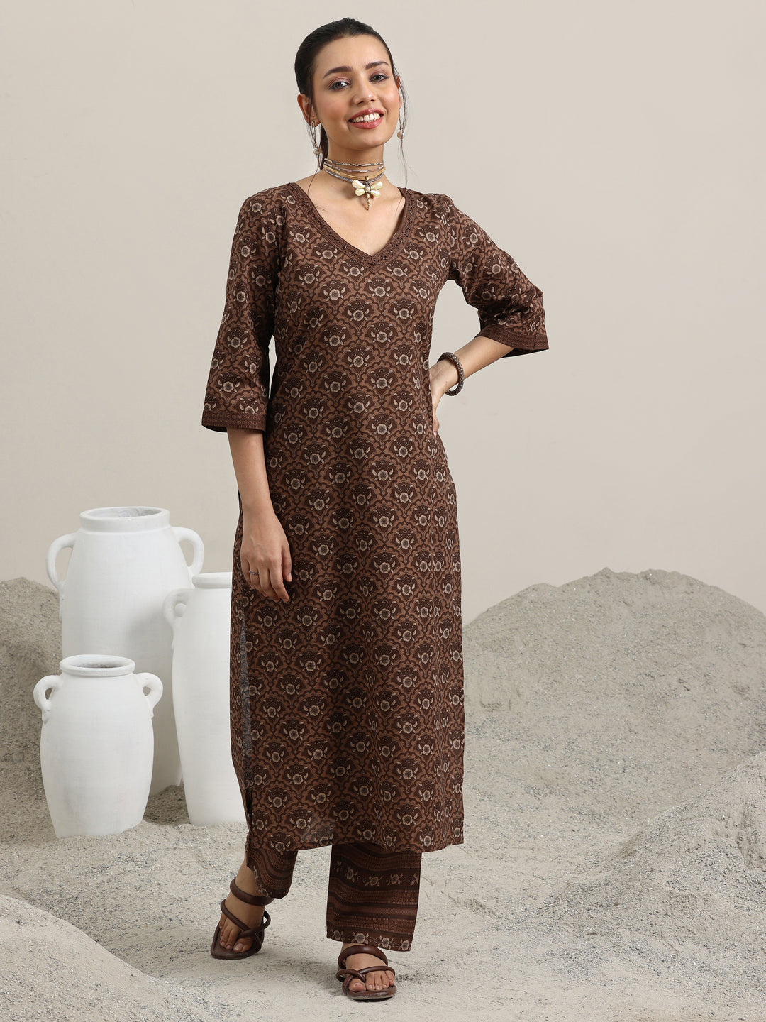  Brown Printed Cotton Straight Kurta With Trousers 