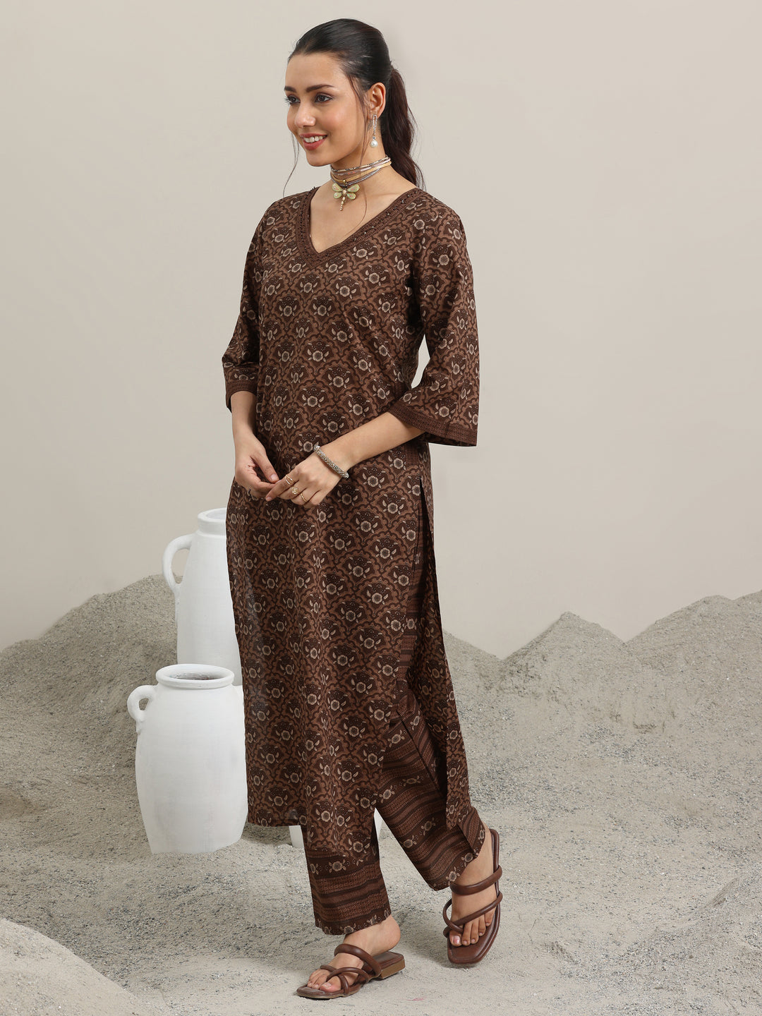  Brown Printed Cotton Straight Kurta With Trousers 