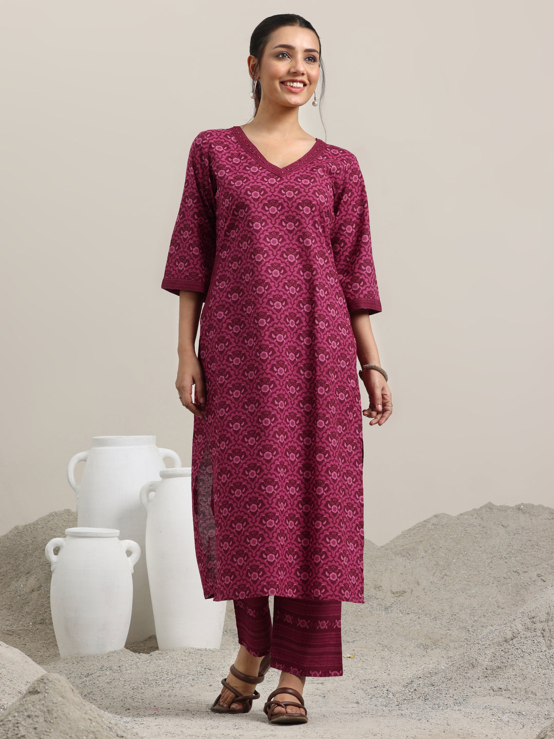 Burgundy Printed Cotton Straight Kurta With Trousers