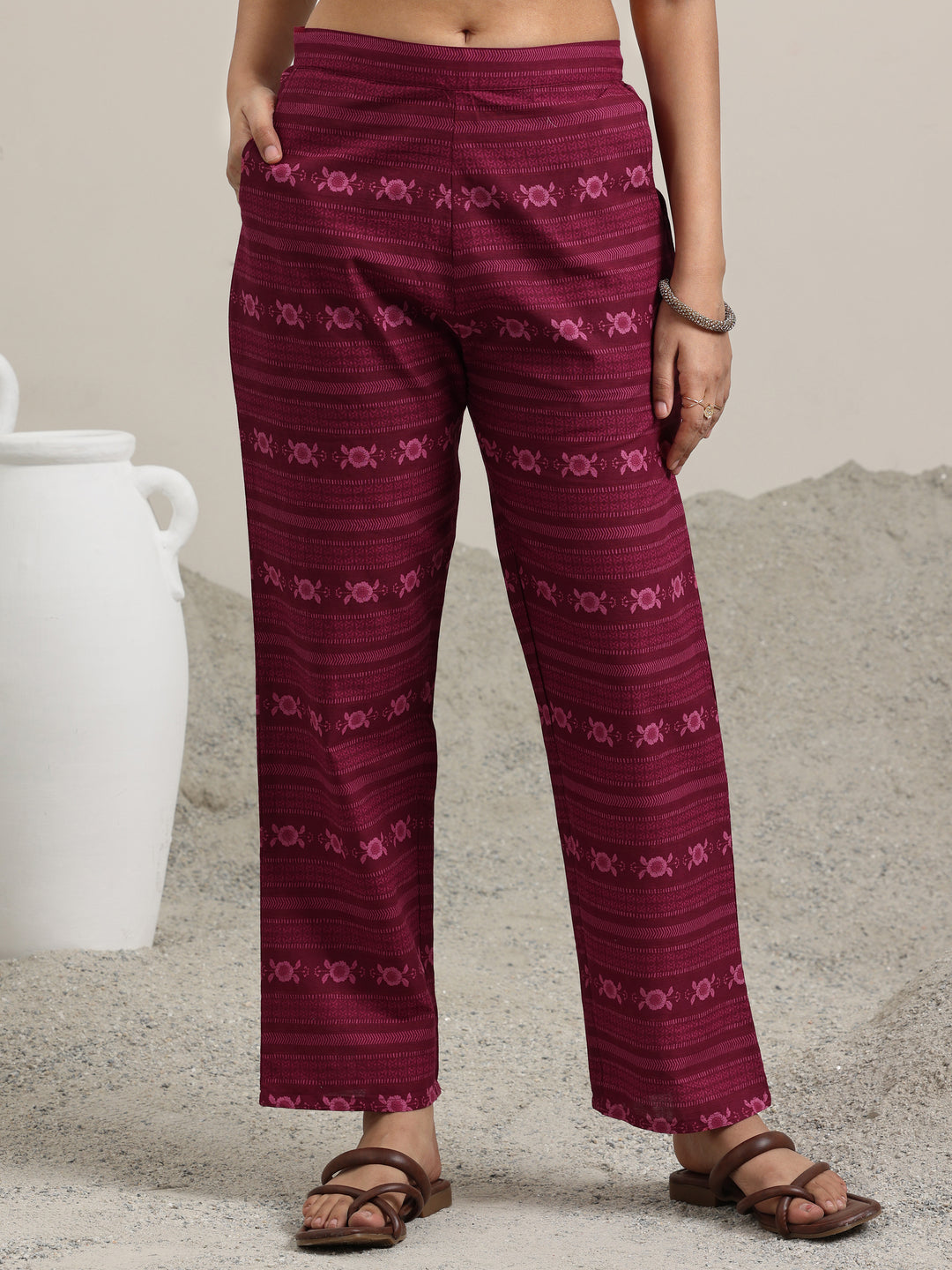  Burgundy Printed Cotton Straight Kurta With Trousers 