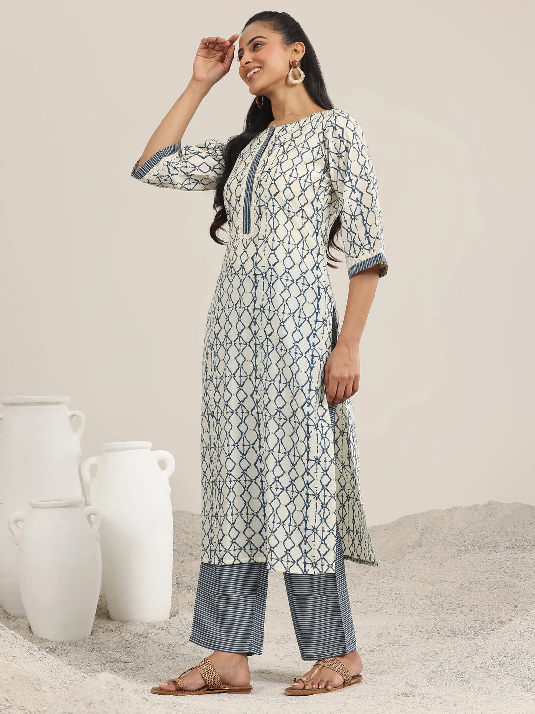  Off White Printed Silk Blend Straight Kurta Set 