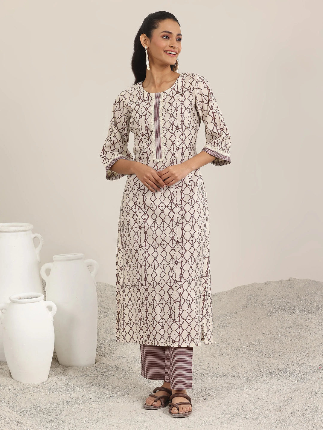  Off White Printed Silk Blend Straight Kurta Set 