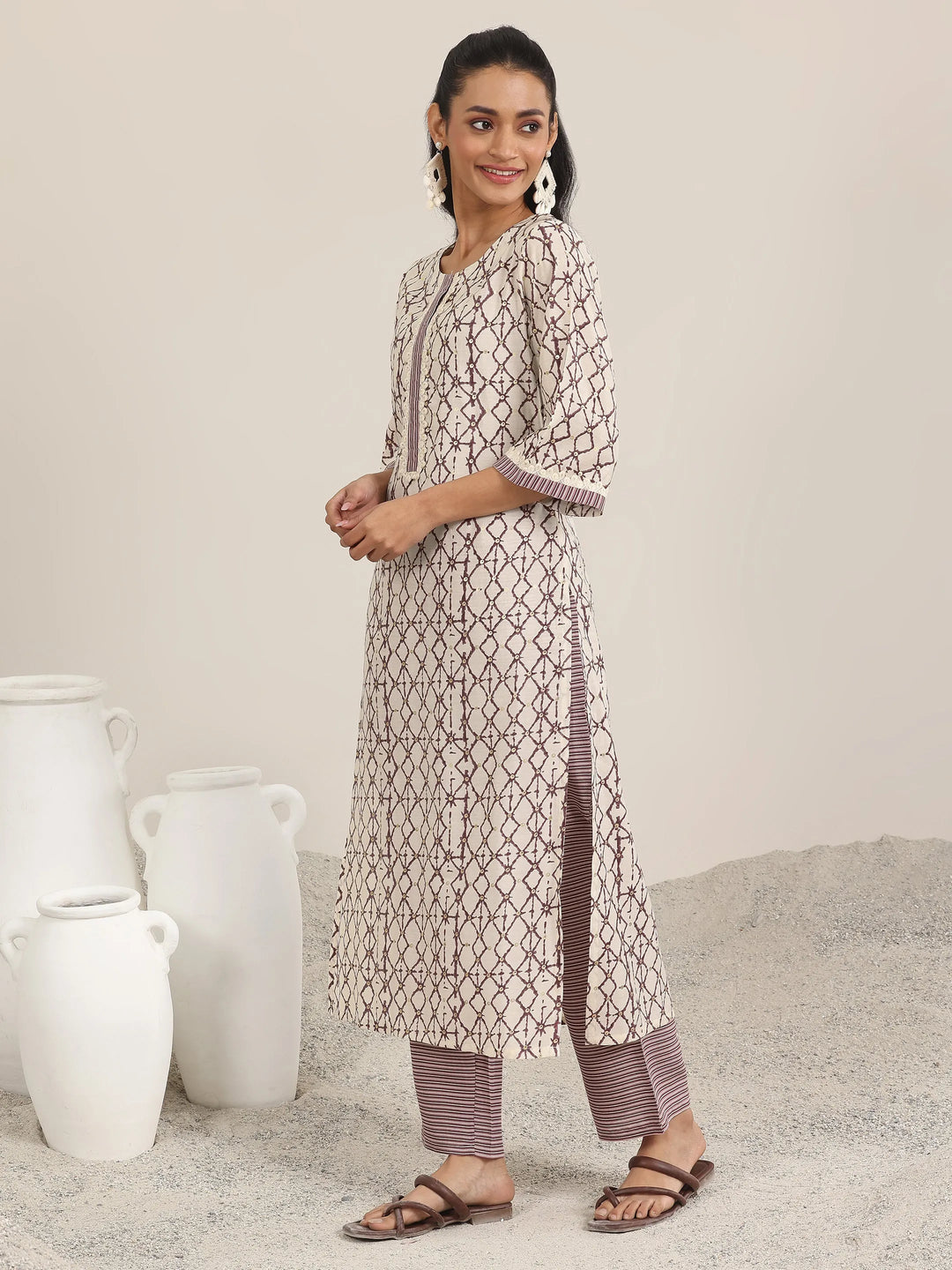  Off White Printed Silk Blend Straight Kurta Set 