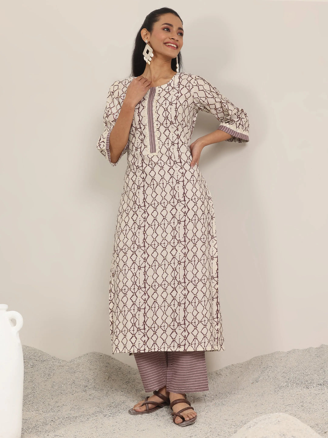  Off White Printed Silk Blend Straight Kurta Set 