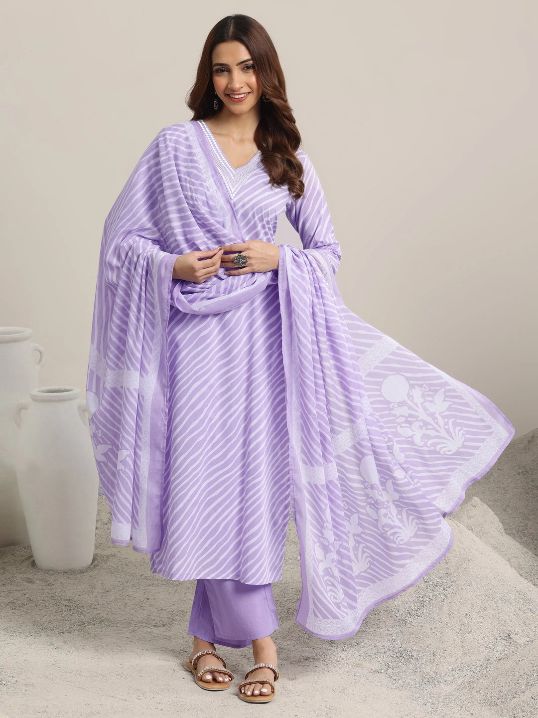  Lavender Printed Cotton Straight  Suits With Dupatta 