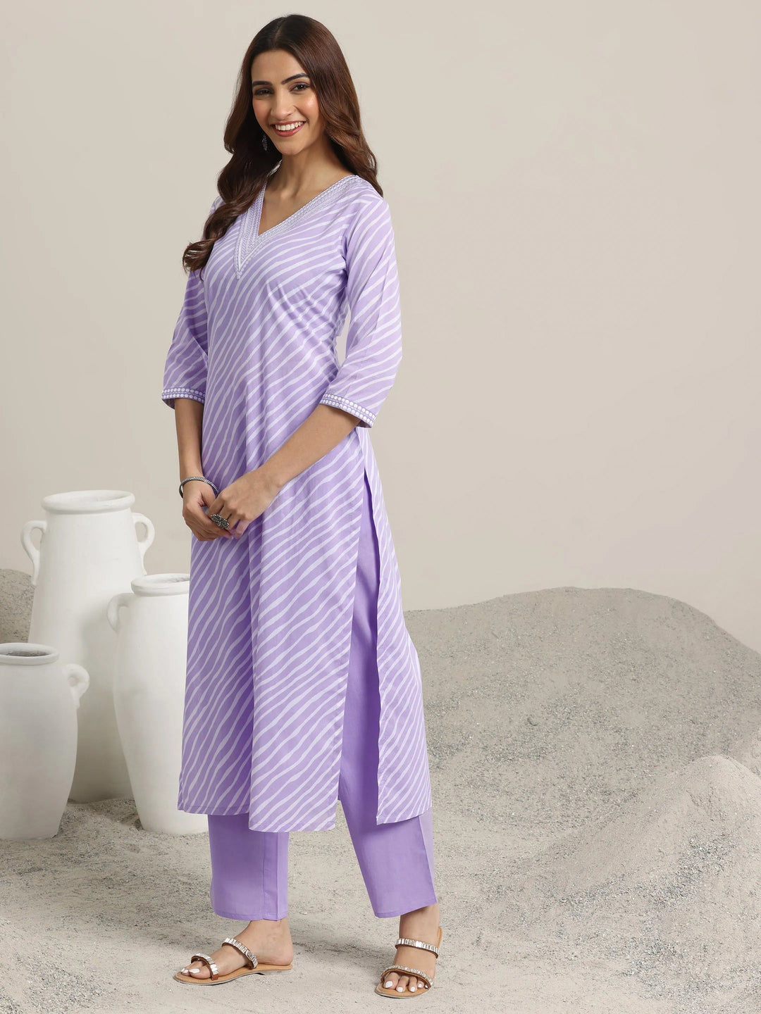  Lavender Printed Cotton Straight  Suits With Dupatta 